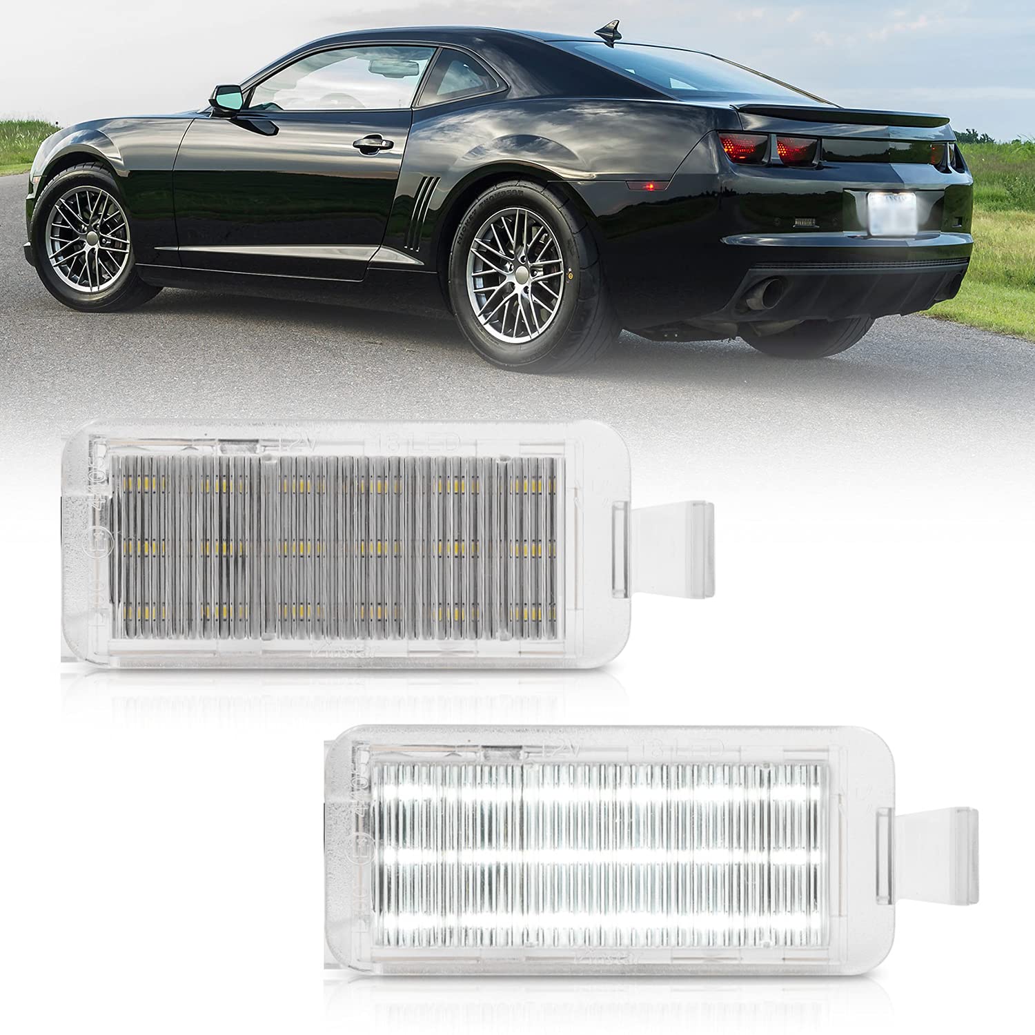 OEM LED License Plate Lights for 2010-2013 Chevy Camaro Coupe & Convertible - CANBUS Error Free 6000K Xenon White 18-SMD LED Replacement Kit - Perfect for Night Driving & Enhanced Rear Visibility