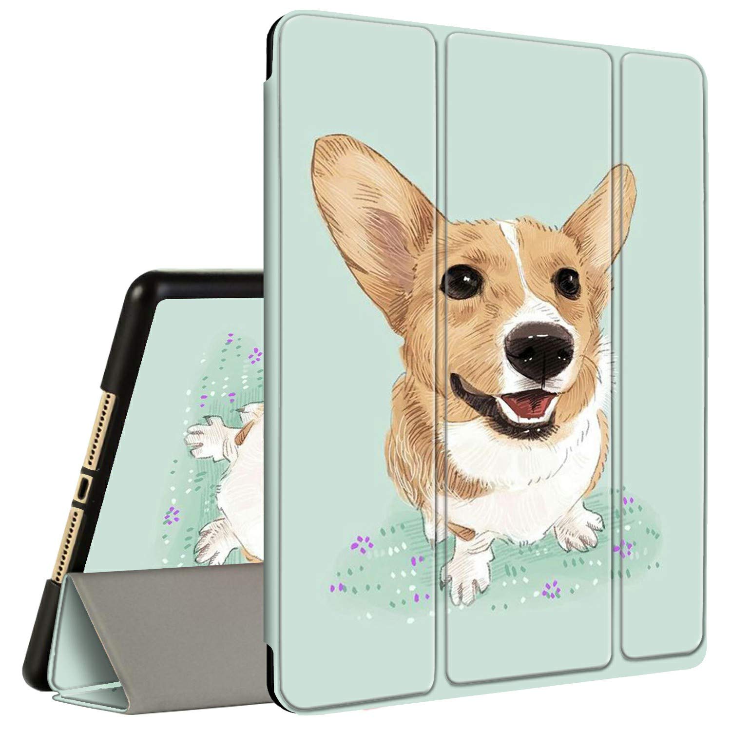 Amook Tri-Fold Smart Cover Stand Case for iPad 9.7 inch (6th/5th Generation 2018/2017 & iPad Air 1/2) - Shockproof with Pencil Holder & Corgi Design - Perfect for Work, School, Travel & Entertainment