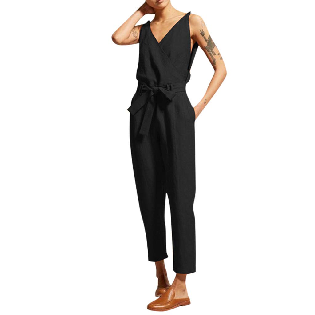 Elegant Women's Summer Jumpsuit - Sleeveless V-Neck Romper with Belt, Plus Size Beachwear & Party Outfit for Women | Perfect for Beach Vacations, Pool Parties & Summer Events