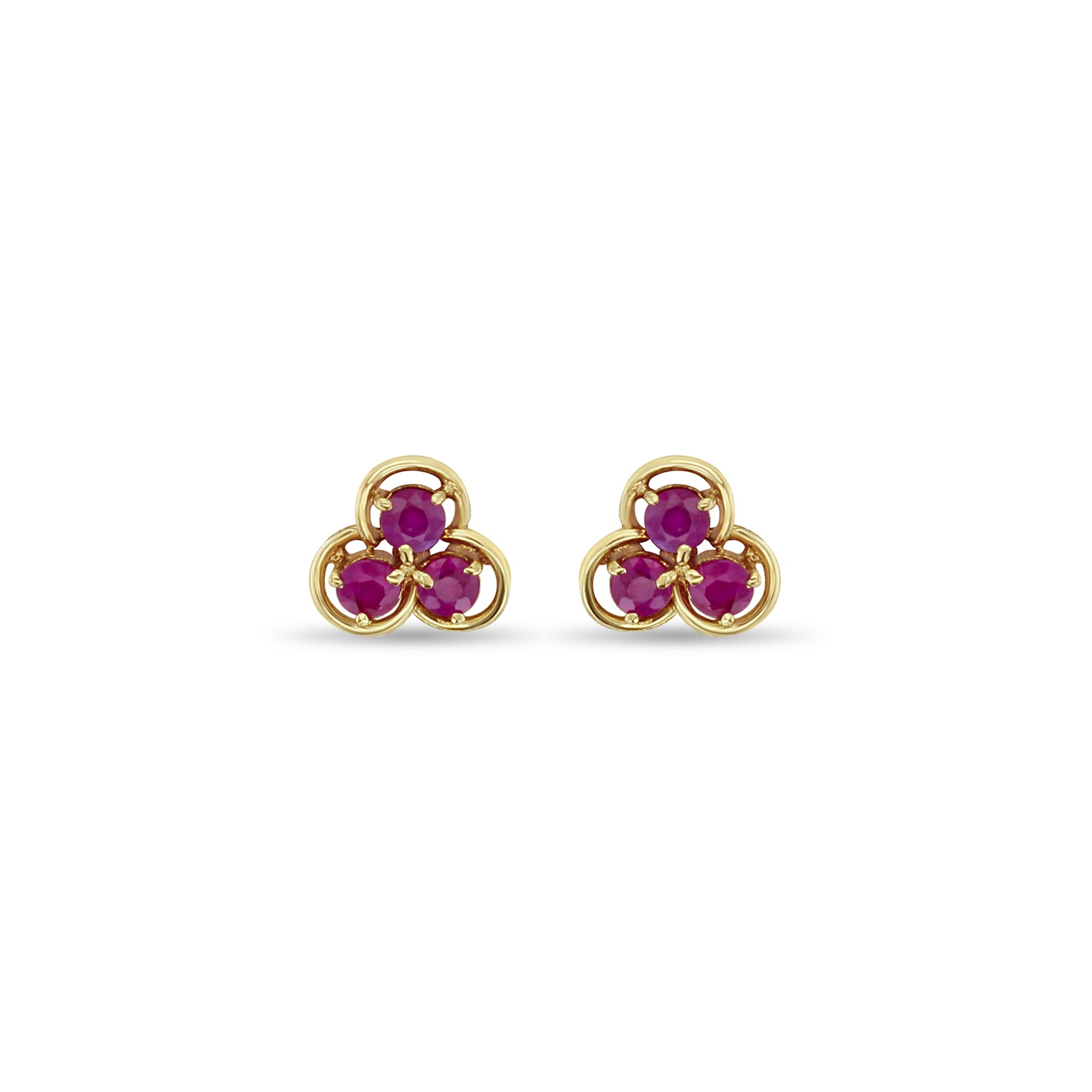 14K Yellow Gold Three Stone Ruby Stud Earrings – Elegant Jewelry for Women, Perfect for Weddings, Parties & Special Occasions
