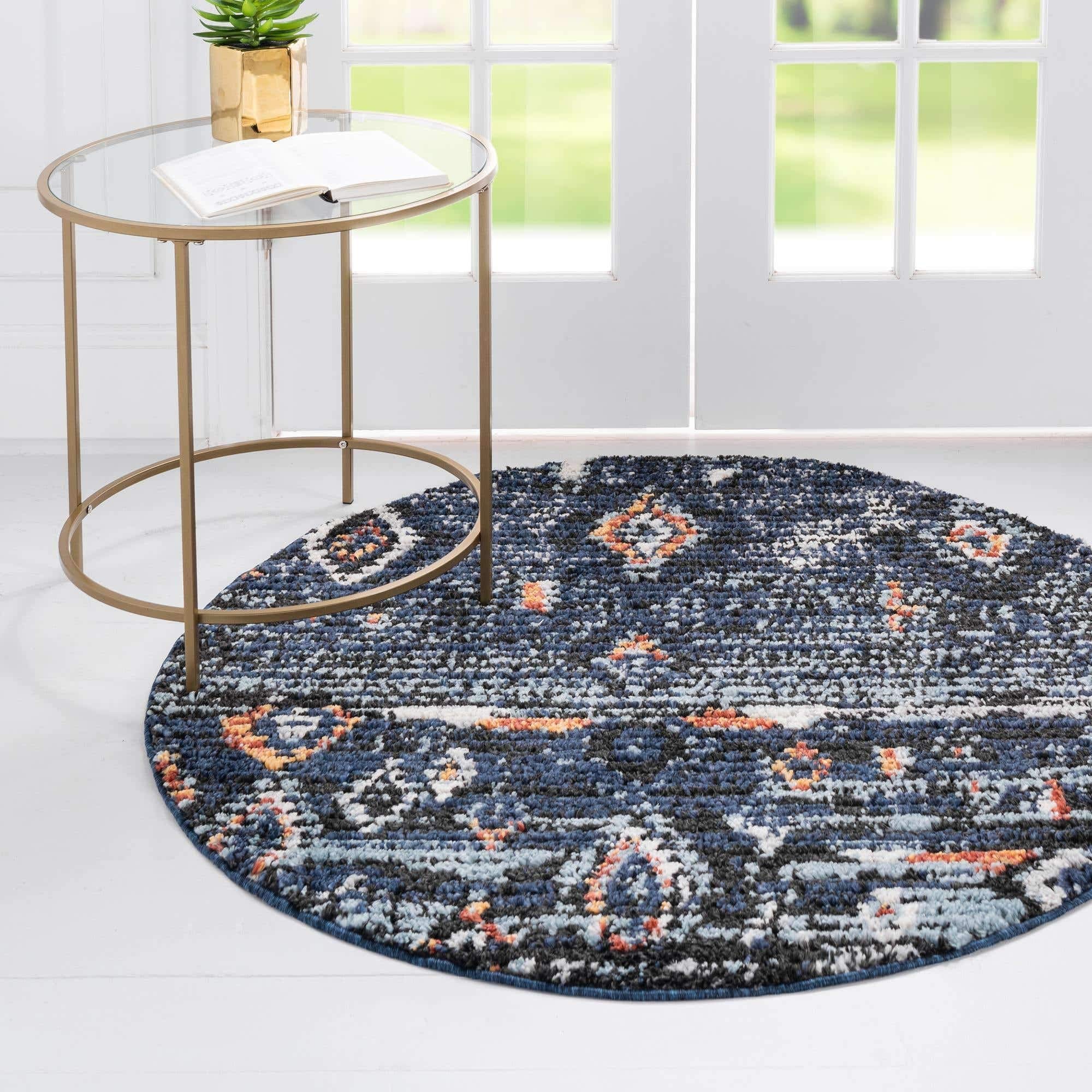 Unique Loom Morocco Collection Abstract Southwestern Bohemian Area Rug 7x7 Feet Navy Blue & Black - Perfect for Living Room, Bedroom, or Boho Chic Home Decor