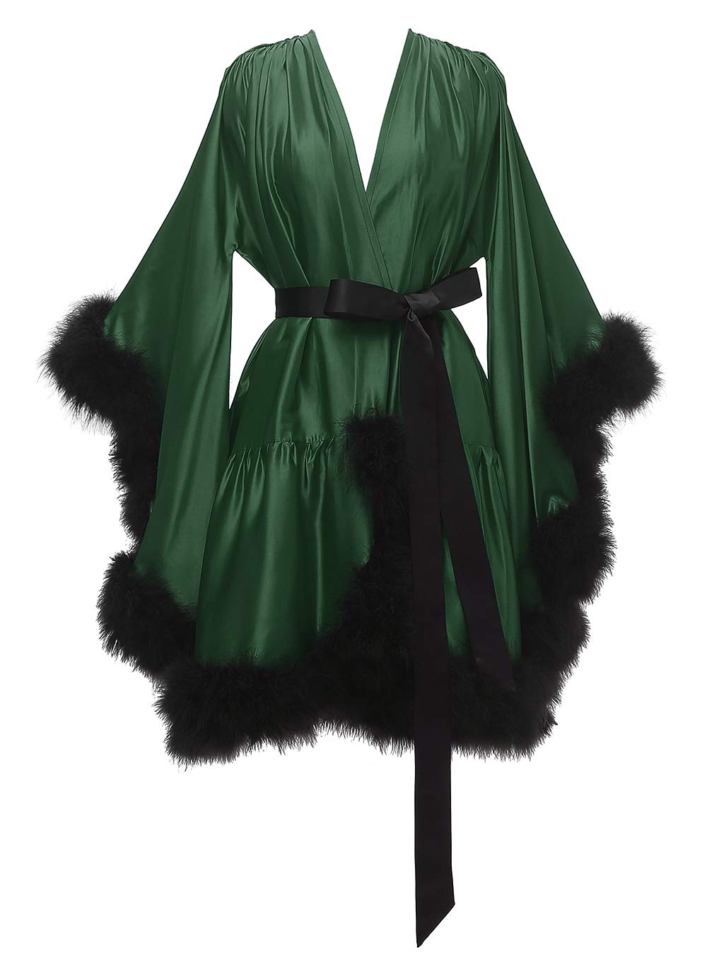 Yexinbridal Feather Fur Robe - Silk Satin Bridal Dressing Gown, Sexy Lingerie Nightgown & Bathrobe for Women - Emerald Green & Black Sleepwear - Small/Medium (Yex034) - Perfect for Wedding Night, Honeymoon, Boudoir Photoshoot & Luxury Lounge Wear