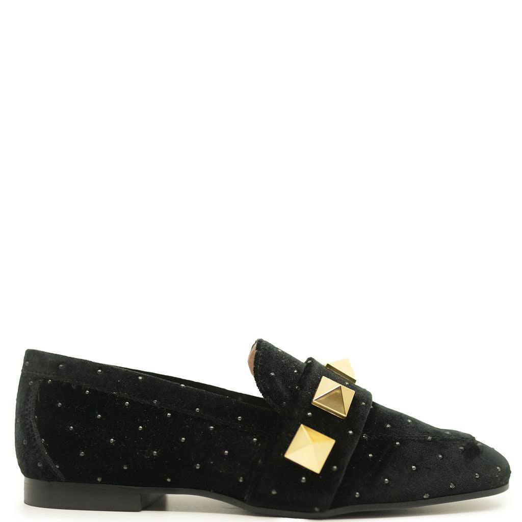 Spain+Co Black Velvet Stud Loafers - Women's Fashion Slip-On Shoes for Work, Office & Casual Outfits