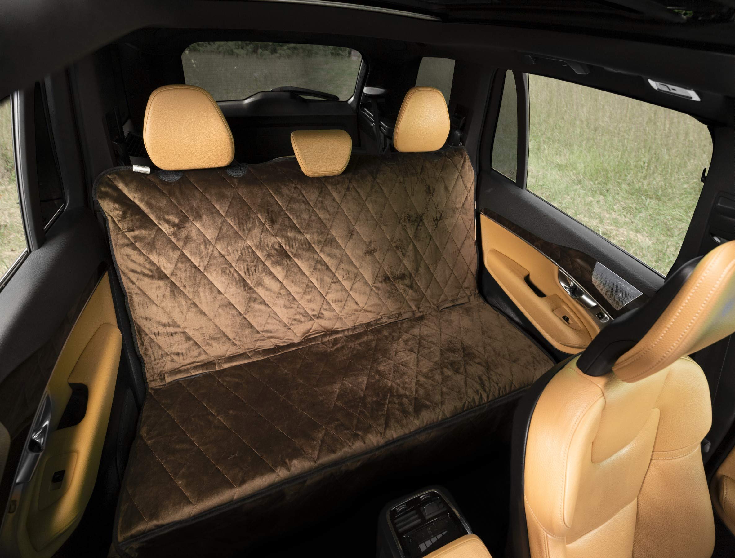 Plush Paws Velvet Rear Car Seat Protector - Washable Waterproof Dog Seat Cover for Cars, Trucks & SUVs | Non-Slip Tear-Resistant Pet Protection | X-Large Chocolate | Perfect for Road Trips & Daily Pet Commutes
