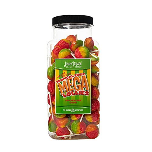 Joseph Dobson Mega Lollipop Mix - Tropical Fruit Flavored Candy (90 Count Jar) | Perfect for Birthday Parties, Halloween Treats & Office Snacks