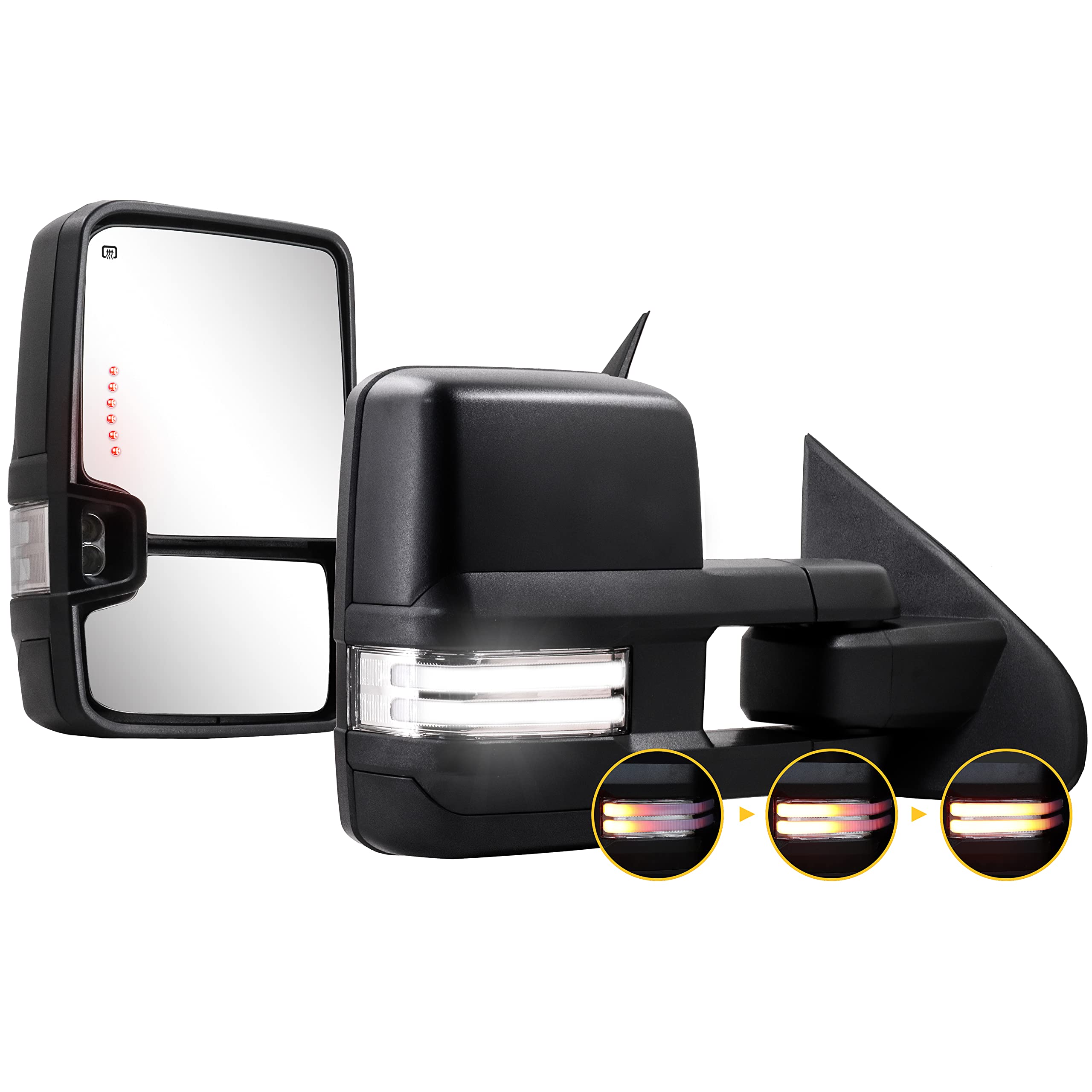 2014-2018 Chevy Silverado GMC Sierra 1500/2500/3500 HD Towing Mirrors with Switchback LED Lights - Power Adjustable Heated Glass, Turn Signal & Running Lights - Perfect for Night Towing, Off-Roading & Heavy-Duty Truck Accessories
