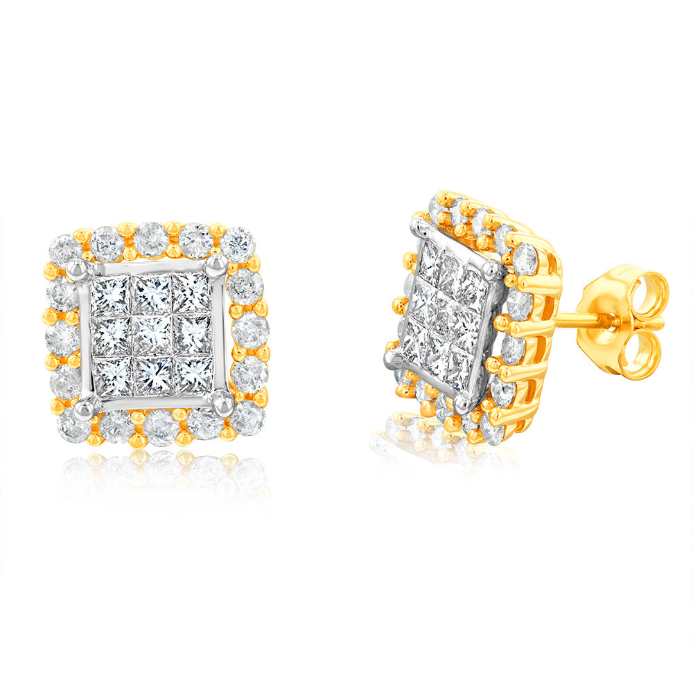 2 Carat Diamond Cluster Stud Earrings in 10K Yellow & White Gold - Elegant Jewelry for Women, Perfect for Weddings, Anniversaries & Special Occasions
