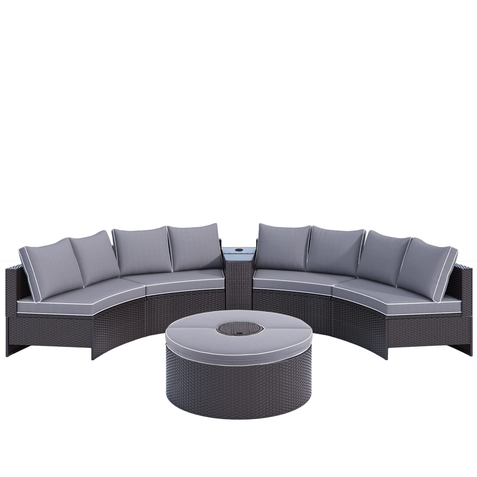6-Piece Patio Half-Moon Sectional Sofa Set - Brown Wicker Outdoor Furniture with Grey Cushions, Side Tables & Umbrella Hole - Perfect for Garden, Poolside & Backyard Relaxation