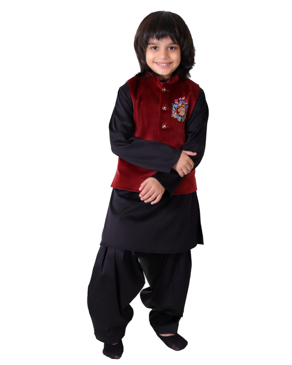 Pre Order: Elegant Lion Embroidery Velvet Waistcoat Set with Black Kurta & Shalwar for Men - Perfect for Weddings, Festivals & Special Occasions