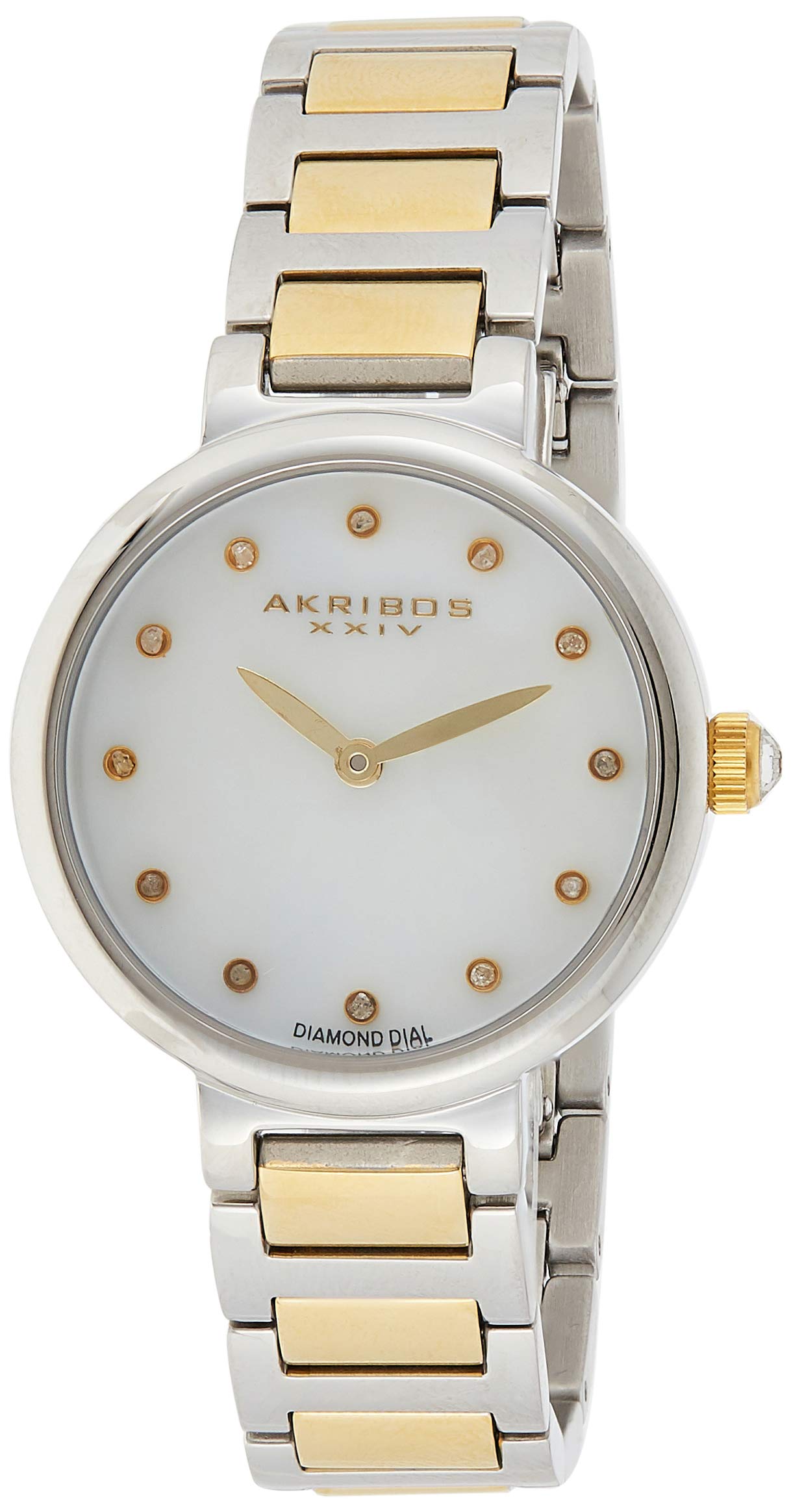 Akribos XXIV Women's Round White Mother of Pearl Watch with 12 Diamond Hour Markers - Stainless Steel Bracelet - Elegant Dress Watch for Women - Perfect for Office, Party & Special Occasions - AK877