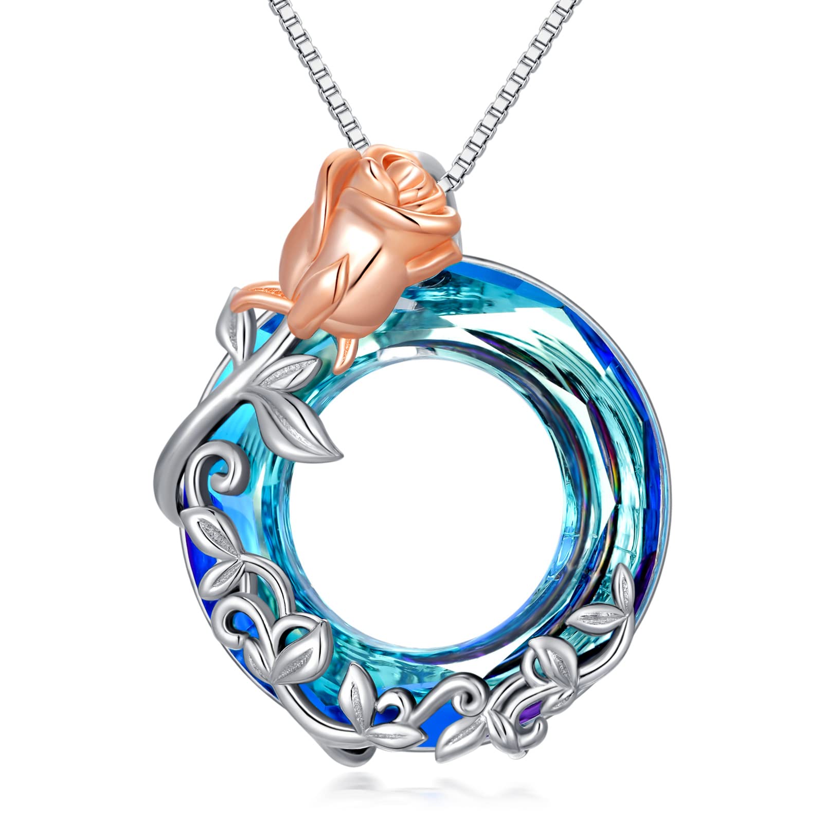 Rose Flower Necklace for Women - Sterling Silver Two Tone Rose Pendant with Blue Crystal - Elegant Jewelry Gift for Mom, Wife, Girlfriend (Perfect for Valentine's Day, Anniversary & Birthday Gifts)