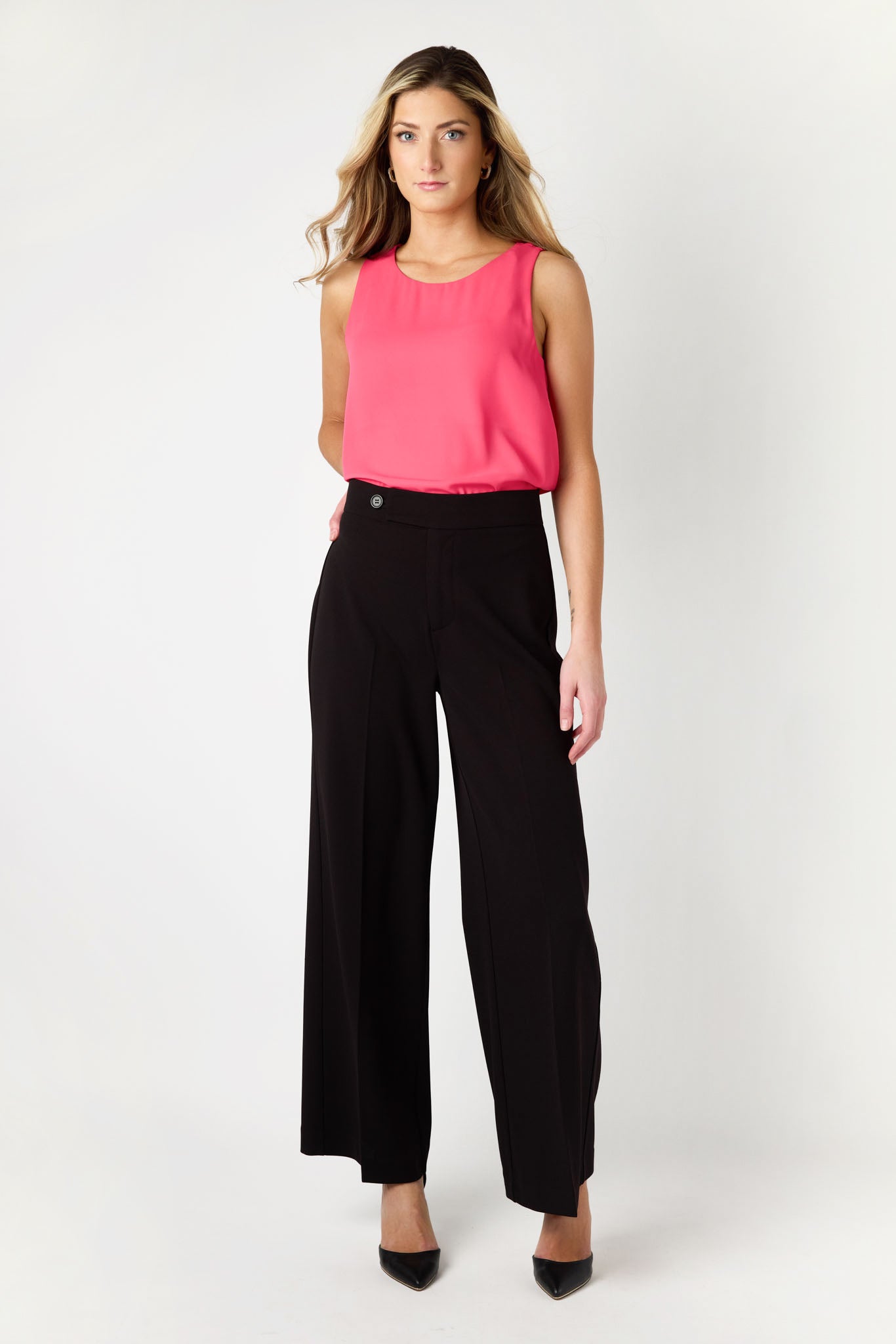 Stylish Knit Crepe Wide Leg Pants with Single Button Waistband - Comfortable & Flowy Women's Trousers for Work, Casual Outfits & Lounge Wear