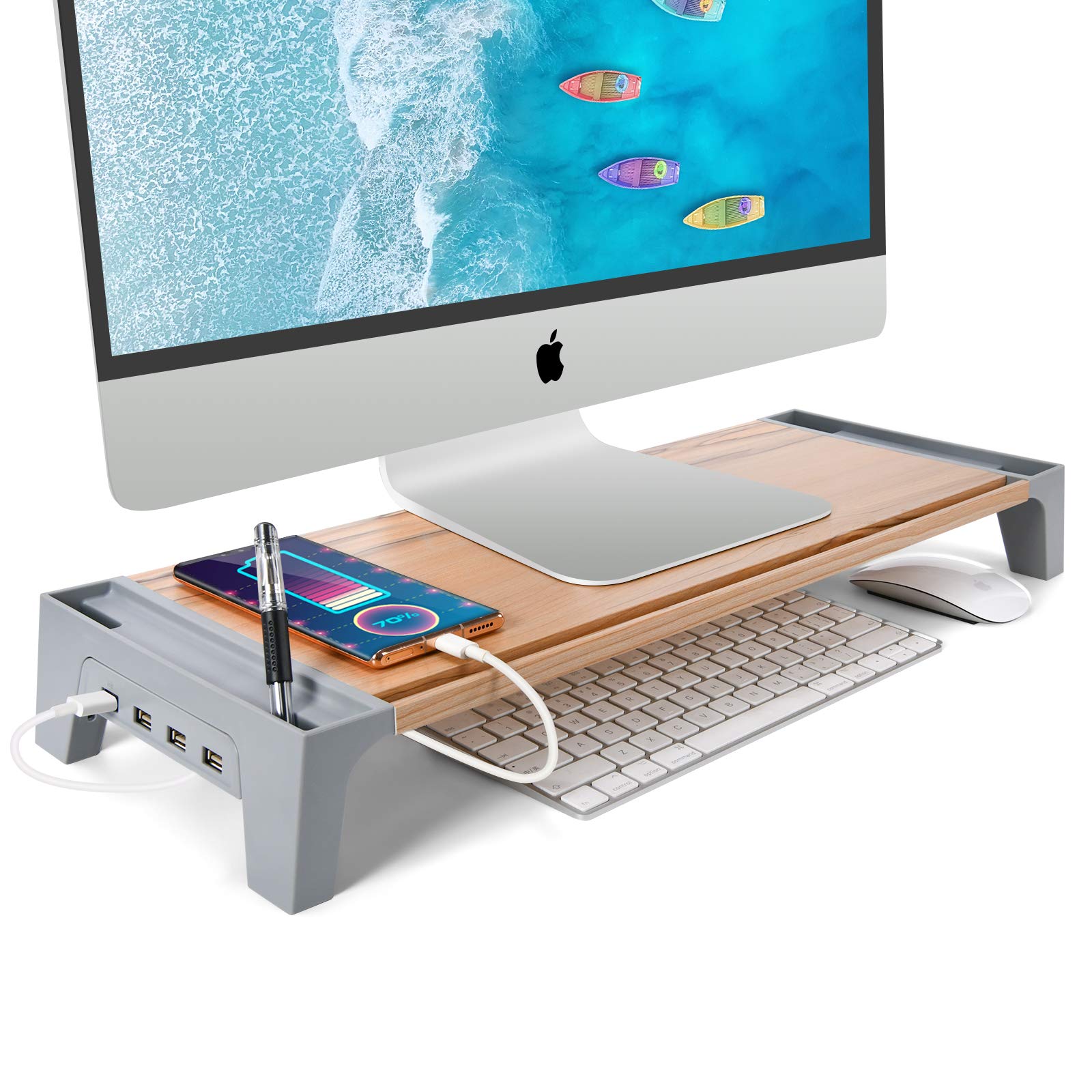 22 Inch Wooden Monitor Stand Riser with 4-Port USB Hub - Fast Charging & Data Transfer Desk Organizer for Computer Screen, Laptop & Workspace Accessories - Perfect for Home Office & Gaming Setup