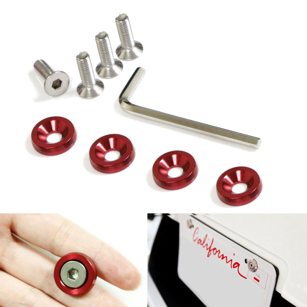 JDM Racing Style Red Aluminum Washers & Bolts Kit - Car Fender & Bumper Fastener Set (4-Piece) - Perfect for Automotive Upgrades, Custom Builds & Performance Modifications