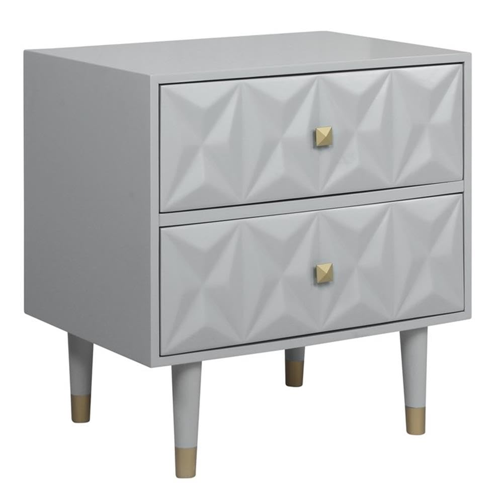 Gray Two-Drawer Wooden Nightstand with Geometric Texture - Perfect for Bedroom, Living Room, or Office Storage