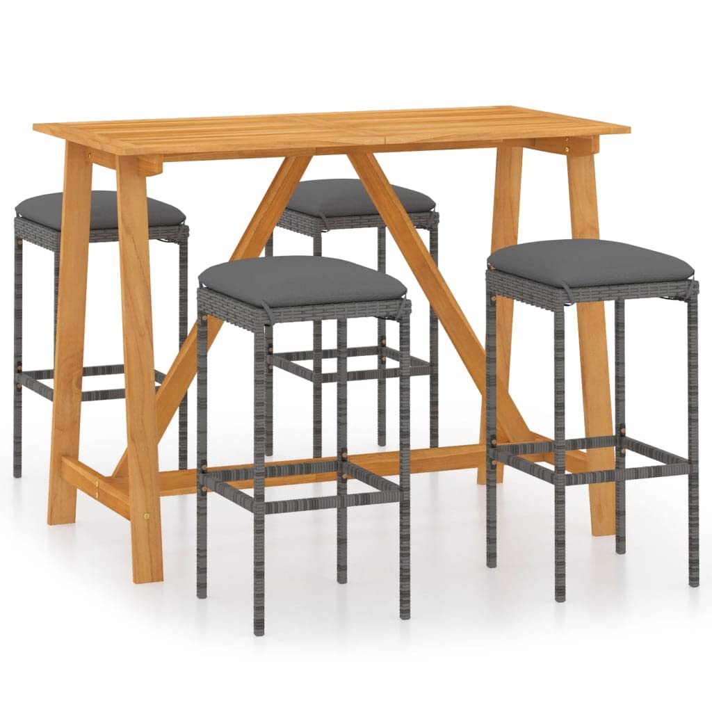 vidaXL 5-Piece Patio Bar Set with Wood Tabletop & Cushions - Outdoor Bar Table and Stools for Garden, Backyard, Farmhouse - Gray Modern Patio Furniture for Dining, Entertaining & Relaxation