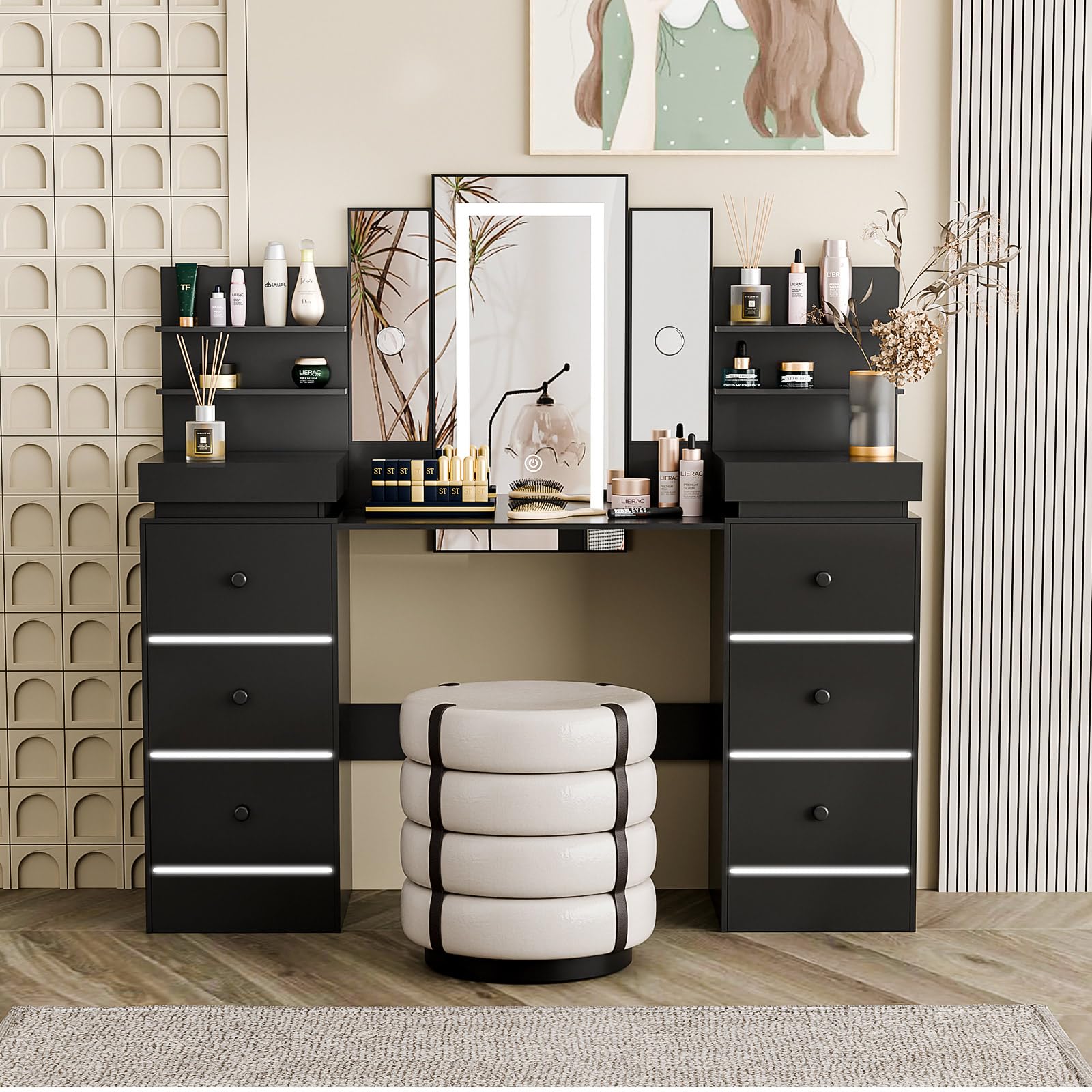 Vanity Desk with LED Lighted Mirror - Makeup Vanity Set with 8 Drawers & 6 Shelves, 3 Lighting Modes & Adjustable Brightness, Modern Dressing Table with Atmosphere Light for Women - Perfect for Bedroom, Bathroom & Beauty Salon Makeup Application
