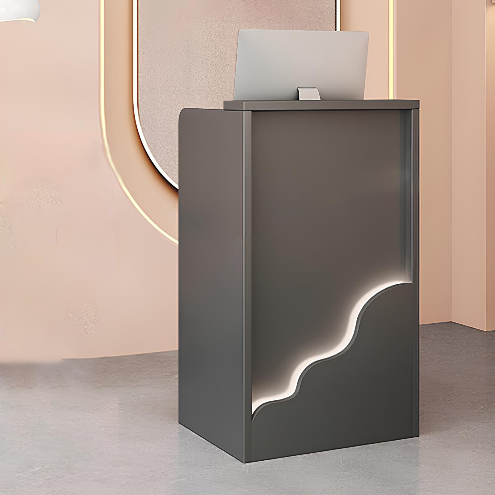 Small Wooden Reception Desk with LED Lights & Lockable Drawer - Black Front Counter for Office, Church, Classroom & Business - Compact Reception Counter for Professional Spaces