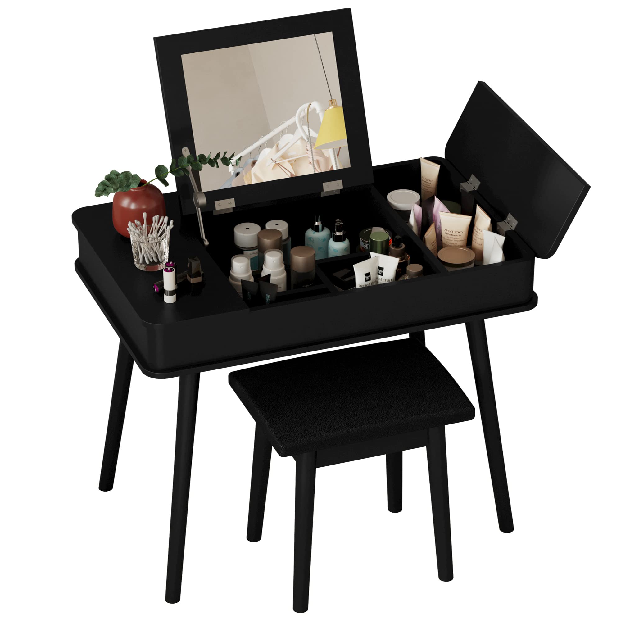 IRONCK Flip Top Vanity Desk Set with Mirror & Stool - Modern Black Makeup Dressing Table with 2 Side Organizers, Writing Desk for Girls | Perfect for Bedroom, Dorm Room & Home Office Makeup Station