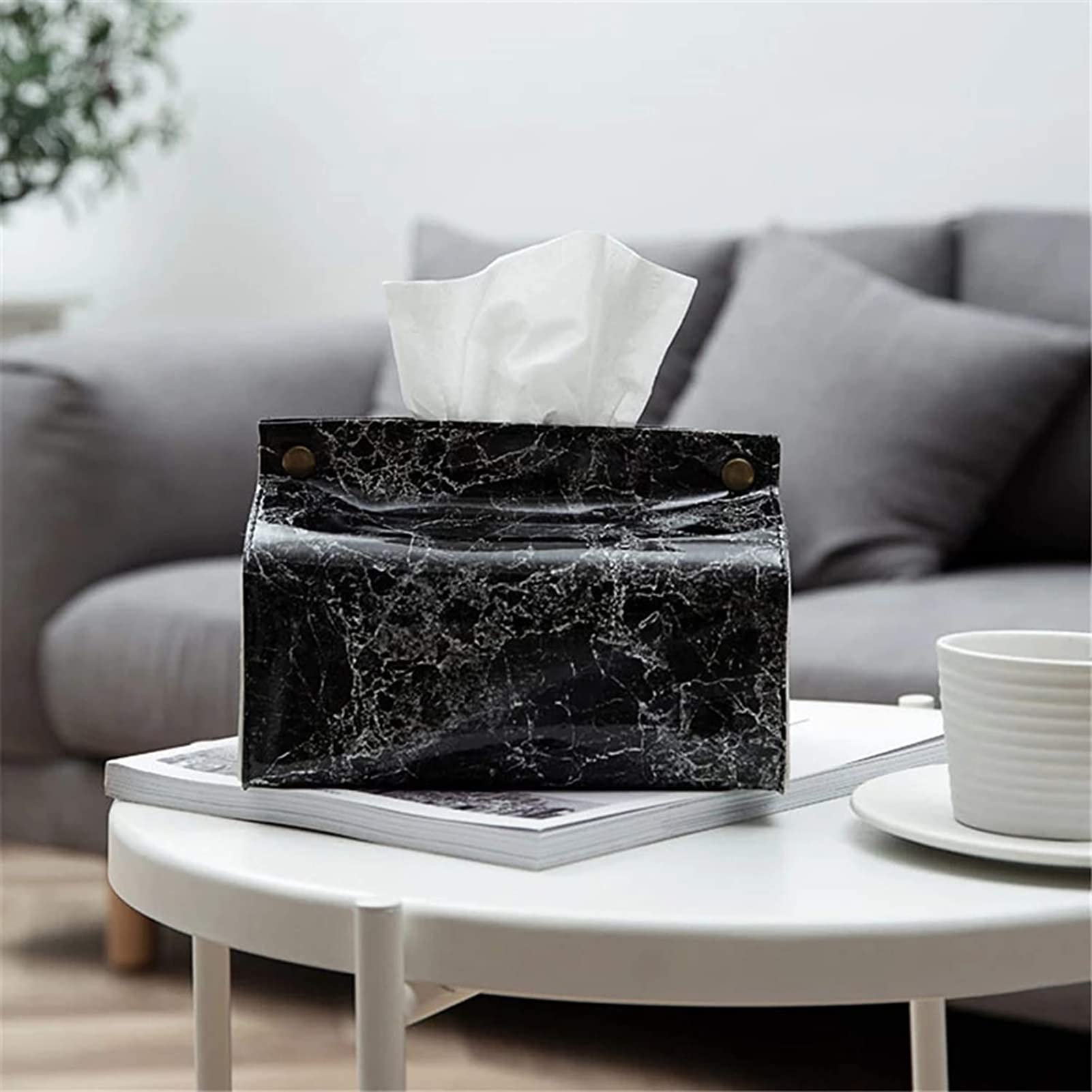 PERZOE Faux Leather Tissue Box Cover - Marble Pattern Rectangular Napkin Holder for Home, Bathroom, Kitchen, Office & Restaurant - Black | Stylish Home Decor & Practical Storage Solution