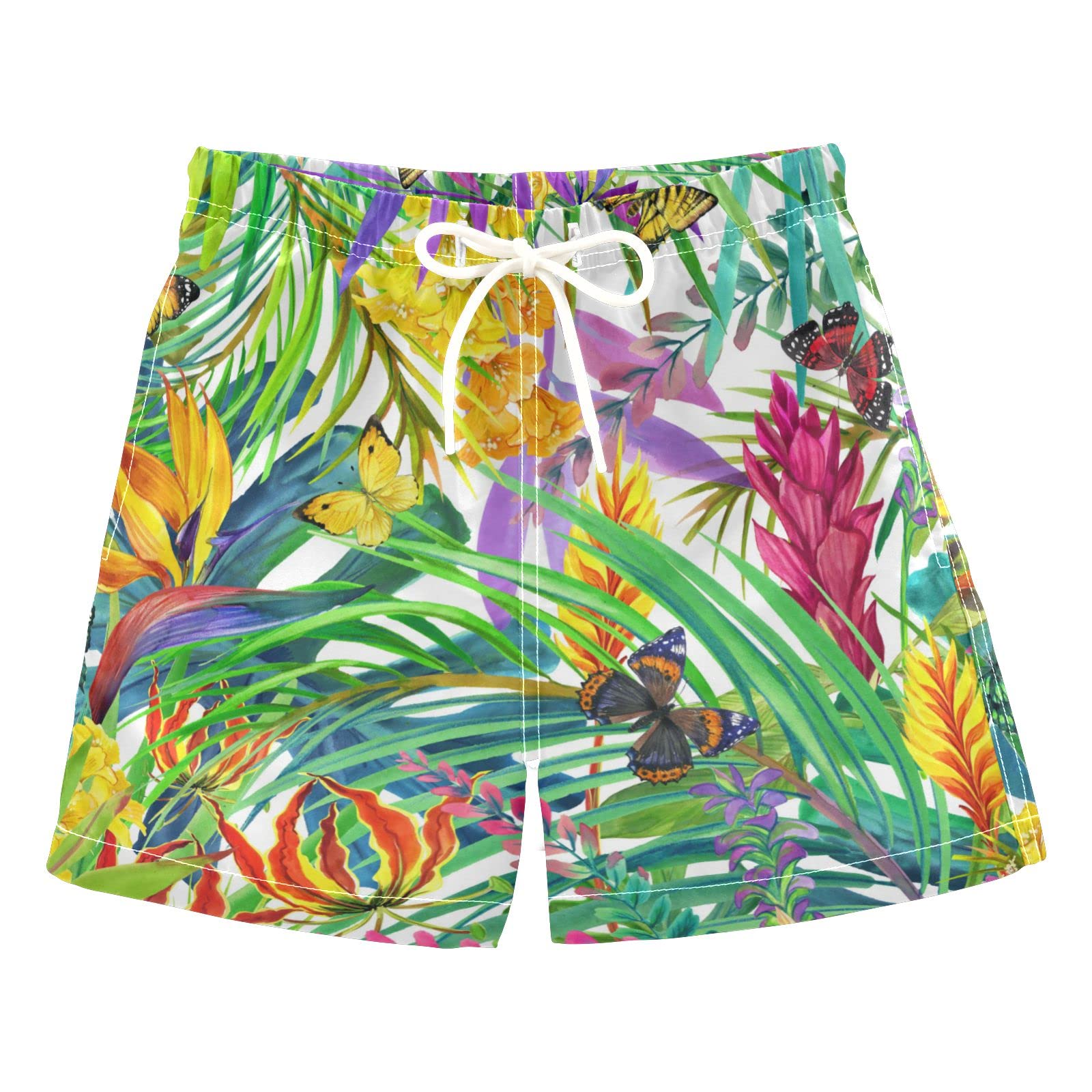Boys Tropical Swim Trunks with Leaves, Flowers & Butterfly Print - Quick Dry Board Shorts for Beach, Surf & Swimming - Perfect for Hawaii Vacation, Pool Party & Summer Outings