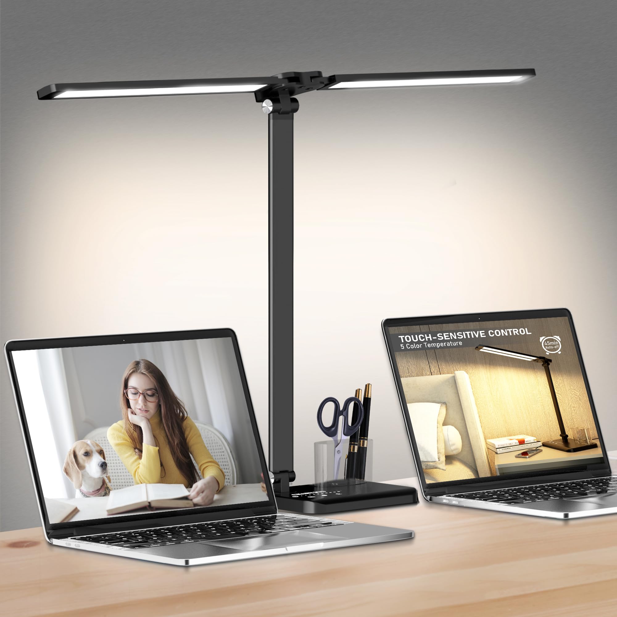 Adjustable Dimmable LED Desk Lamp with USB Charging Port - 50 Lighting Modes & Dual Swing Arm Design - Perfect for Home Office, Study, Piano Practice & Nail Art Workspace