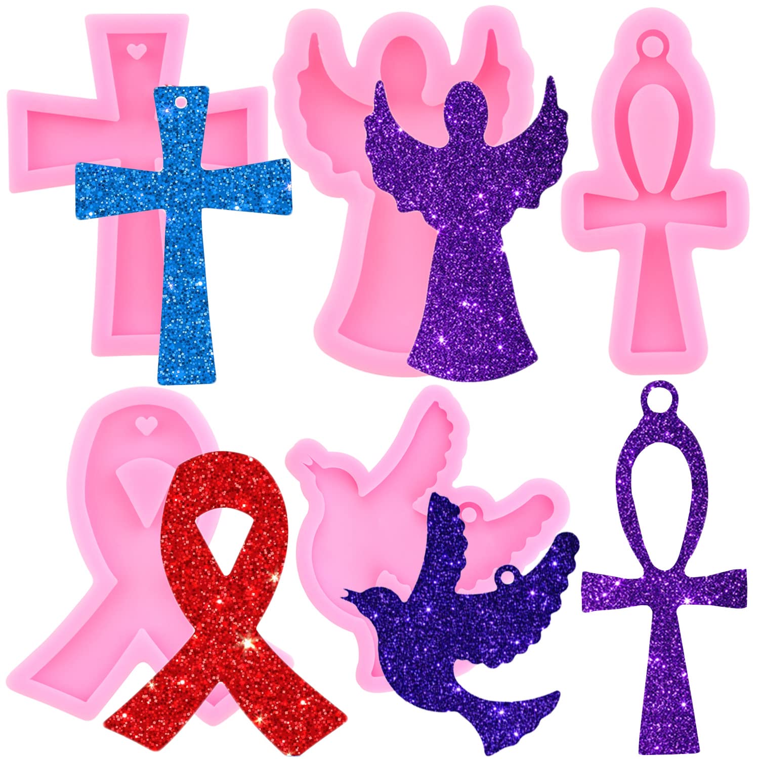 DIY Cross Resin Keychain Mold Set of 5 - Angel Silicone Molds for Epoxy Resin Jewelry Making, Polymer Clay & Ribbon Crafts - Perfect for Handmade Gifts, Christmas Ornaments & Home Decor