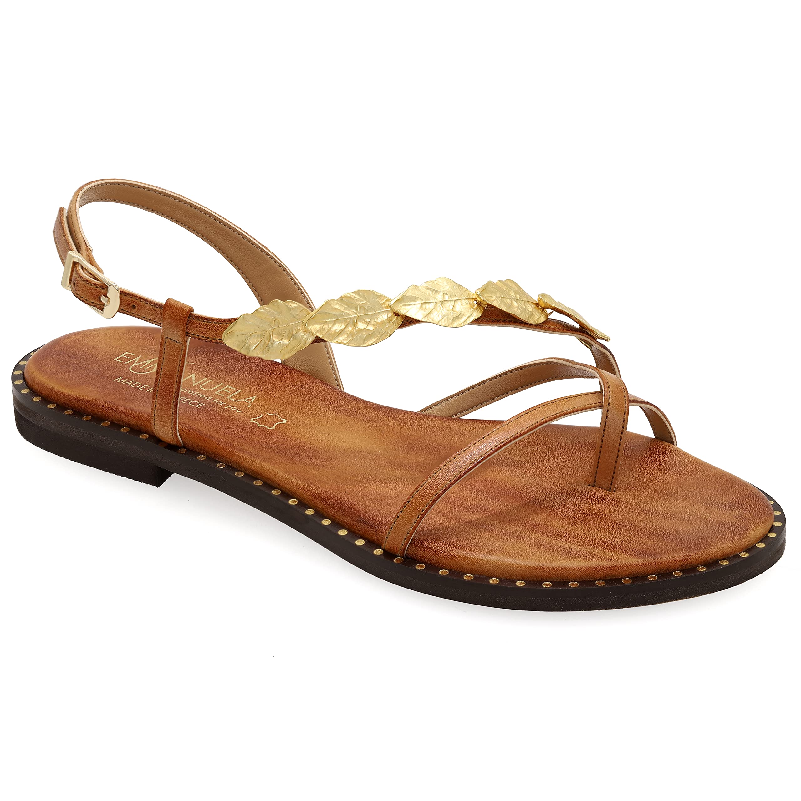 Emmanuela Women's Comfortable Leather Flat Sandals with Metal Leaf Decor - Ancient Greek Style Boho Chic Summer Shoes for Wedding, Beach & Casual Wear
