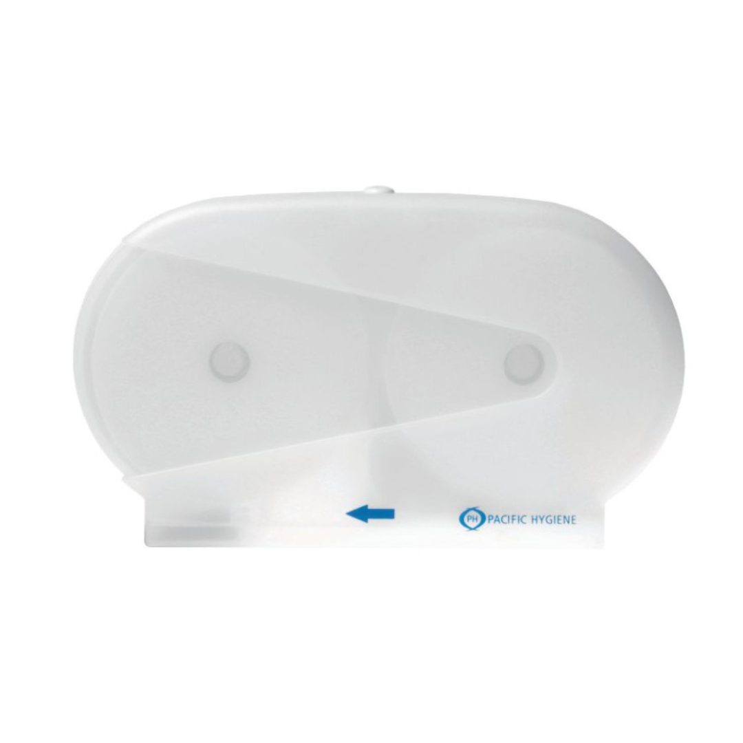 Pacific Hygiene D34W Double Mini Jumbo Toilet Roll Dispenser - White | Commercial & Home Bathroom Tissue Holder for Restrooms, Offices, and Public Spaces