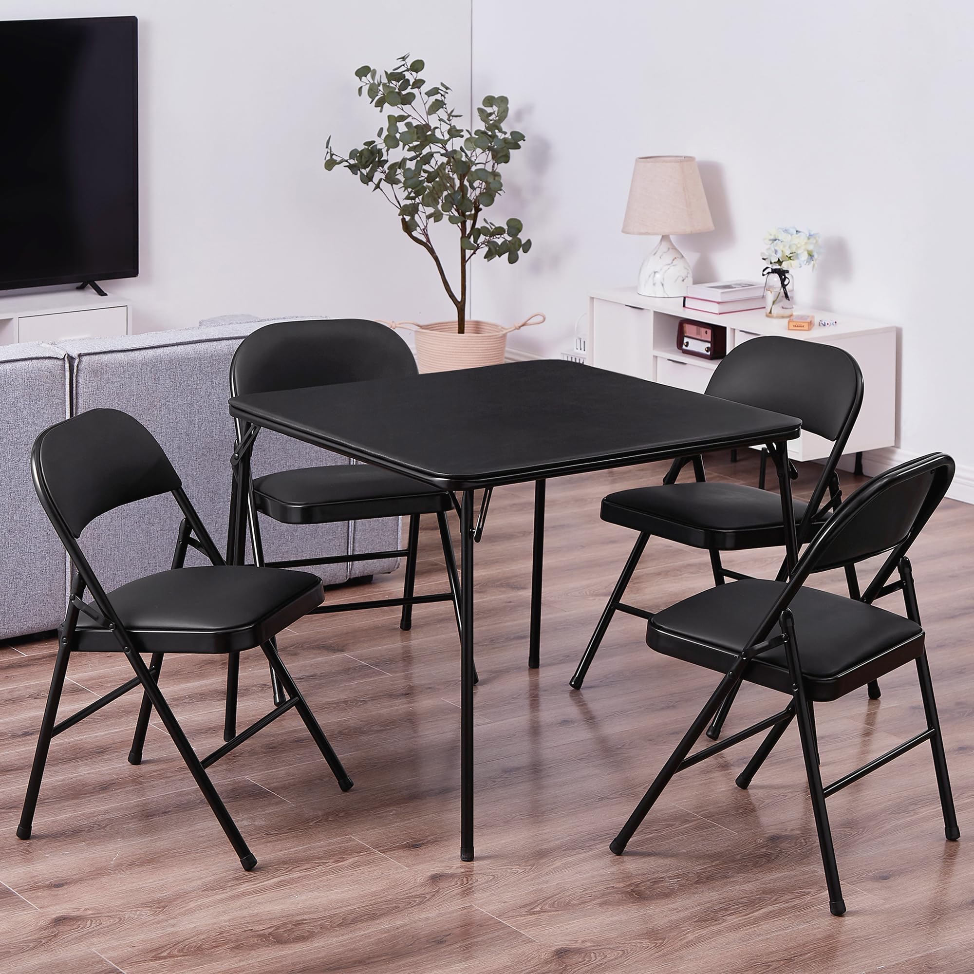 VECELO 5-Piece Folding Card Table and Chair Set - Portable Game Table with Padded Tabletop, No Assembly Required, Black - Perfect for Indoor/Outdoor Parties, Poker Nights, and Family Gatherings