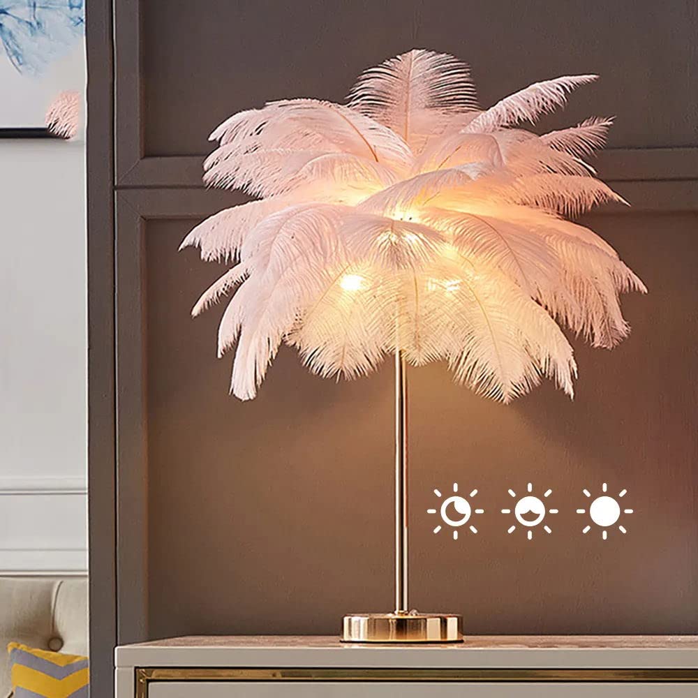 KunMai Touch Switch Pink Feather Dimmable Table Lamp - Modern 3-Light Bedside Nightstand Lamp with USB Charging for Bedroom, Living Room, Nursery Decor (Pink, Dimmable)