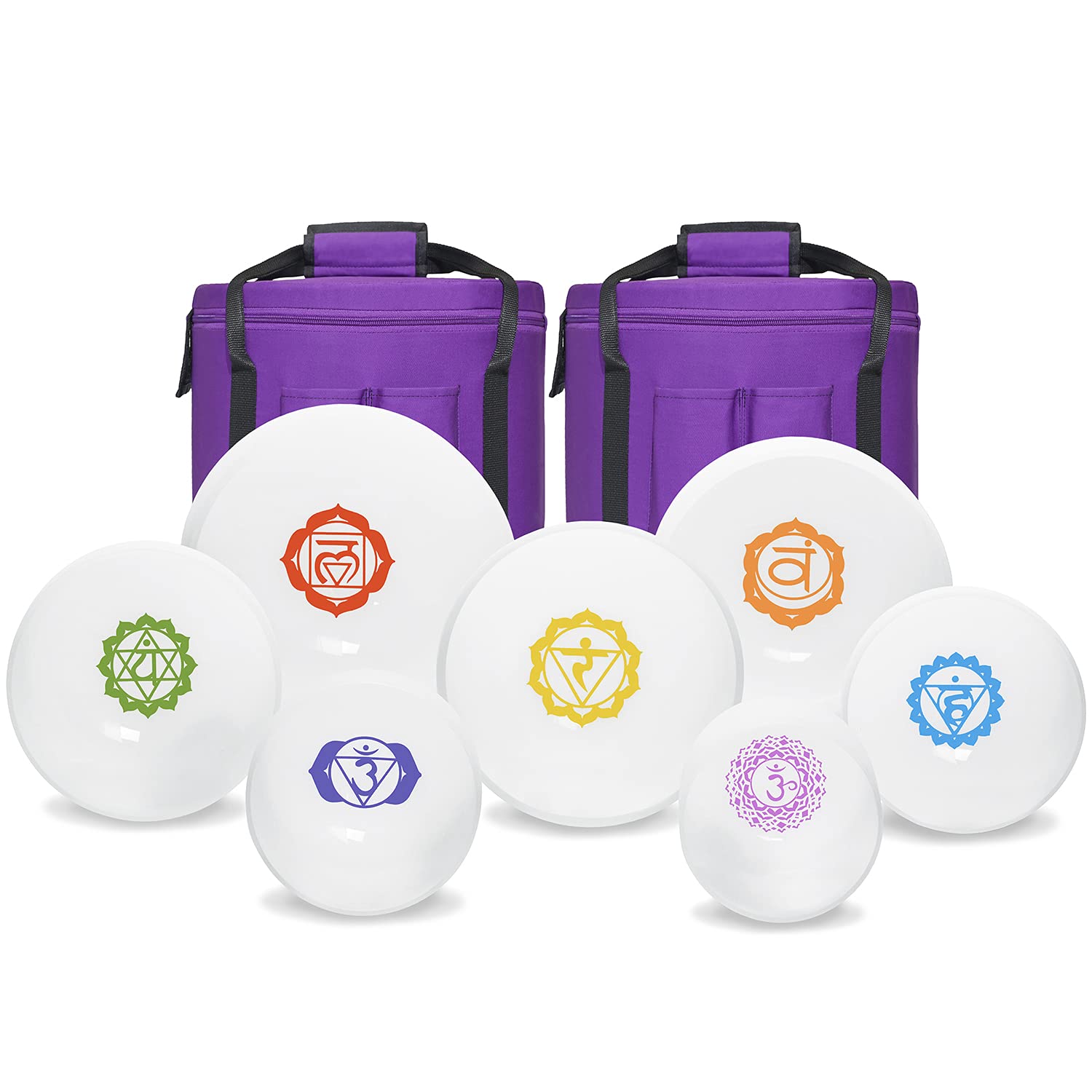 440Hz 6-12 Inch Set of 7 Frosted Quartz Crystal Singing Bowls with 2 Carry Bags | Paternoster Healing Meditation & Sound Therapy Tools for Yoga, Reiki & Chakra Balancing