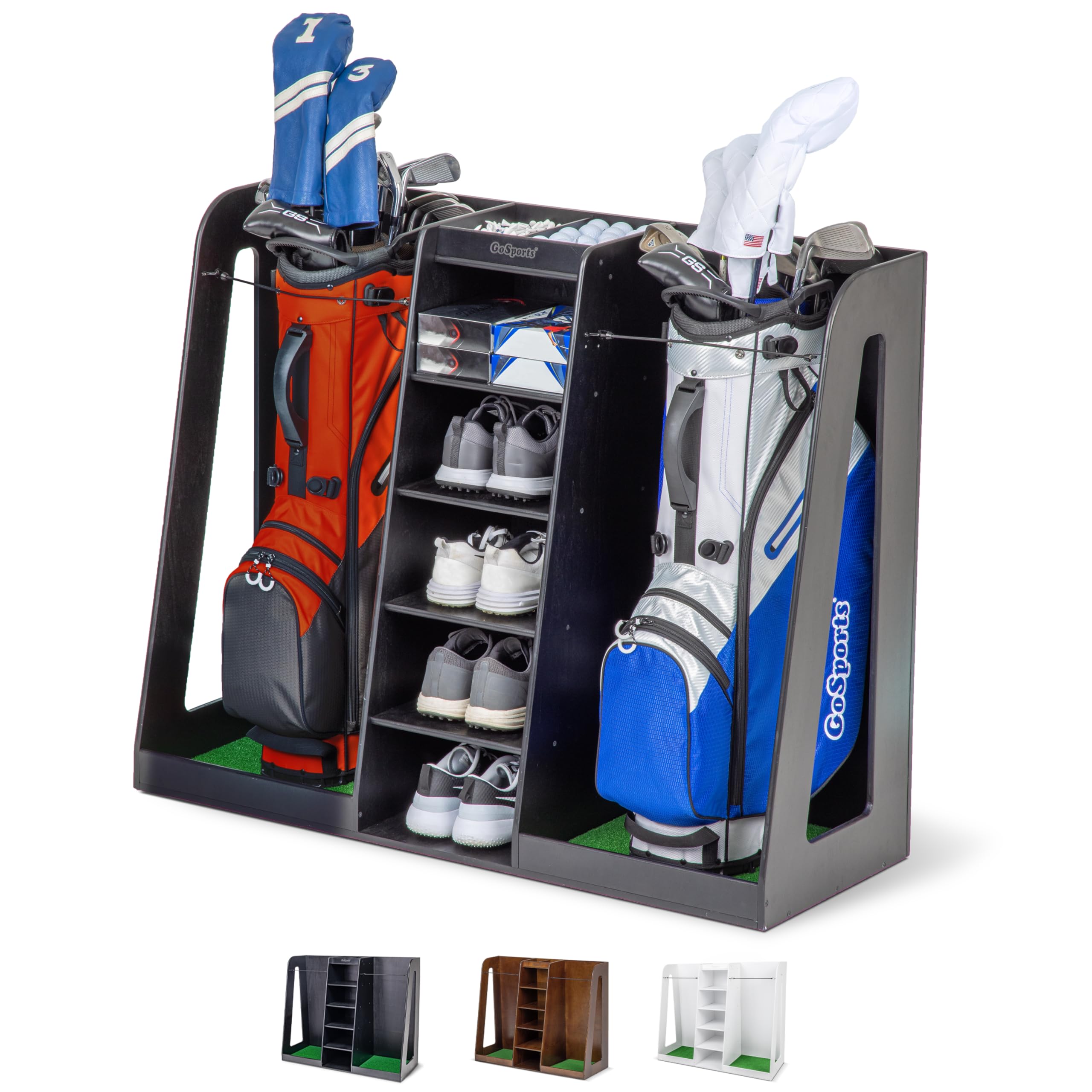 GoSports Premium Wooden Golf Bag Organizer and Storage Rack - Holds 2 Golf Bags - Black, White or Brown Finish - Perfect for Home, Garage or Clubhouse Organization