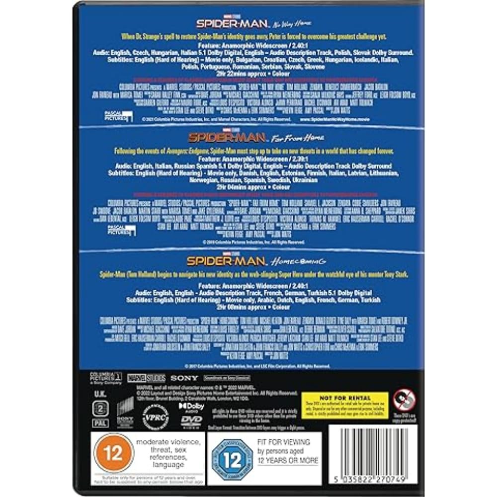 Spider-Man Trilogy: Homecoming, Far From Home & No Way Home (3-Movie Collection) [DVD] [2021] - Perfect for Marvel Fans & Movie Night Entertainment
