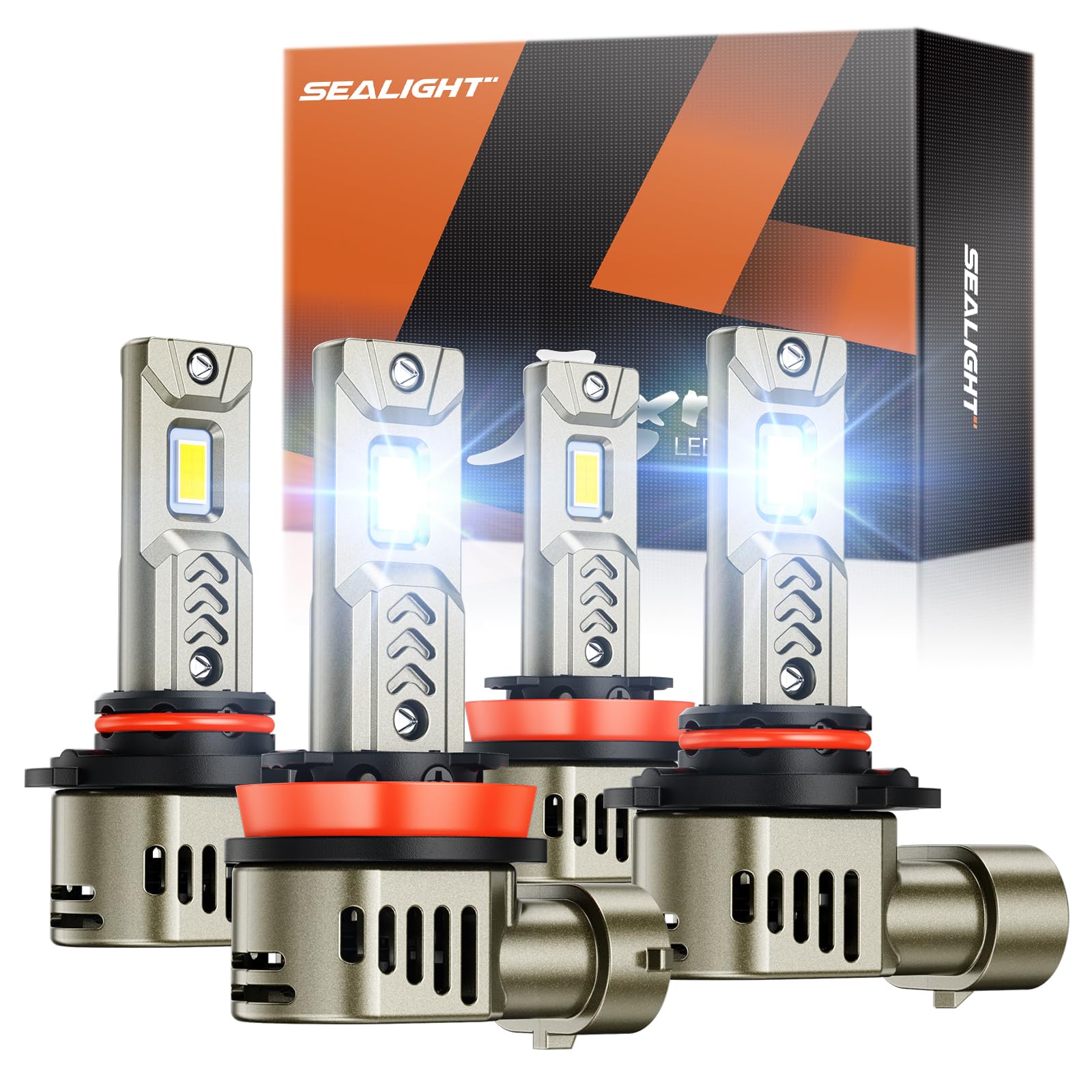 SEALIGHT 9005/HB3 H11/H9/H8 LED Bulbs Combo - 68000LM Ultra Bright 6500K Daylight White Headlight Bulbs with 25000RPM Cooling Fan - Pack of 4 - Perfect for Cars, Trucks, SUVs, and Off-Road Vehicles