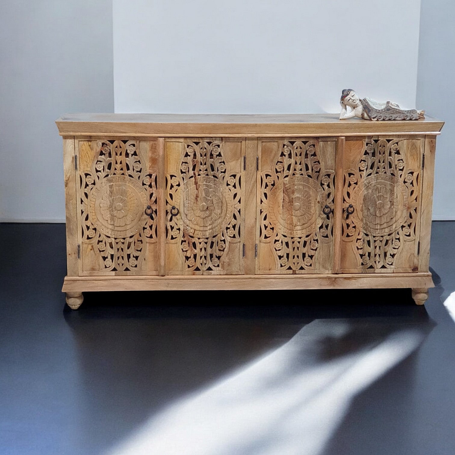 Handmade Carved Indian Mango Wood Sideboard with 4 Doors - Brown Buffet Cabinet 71