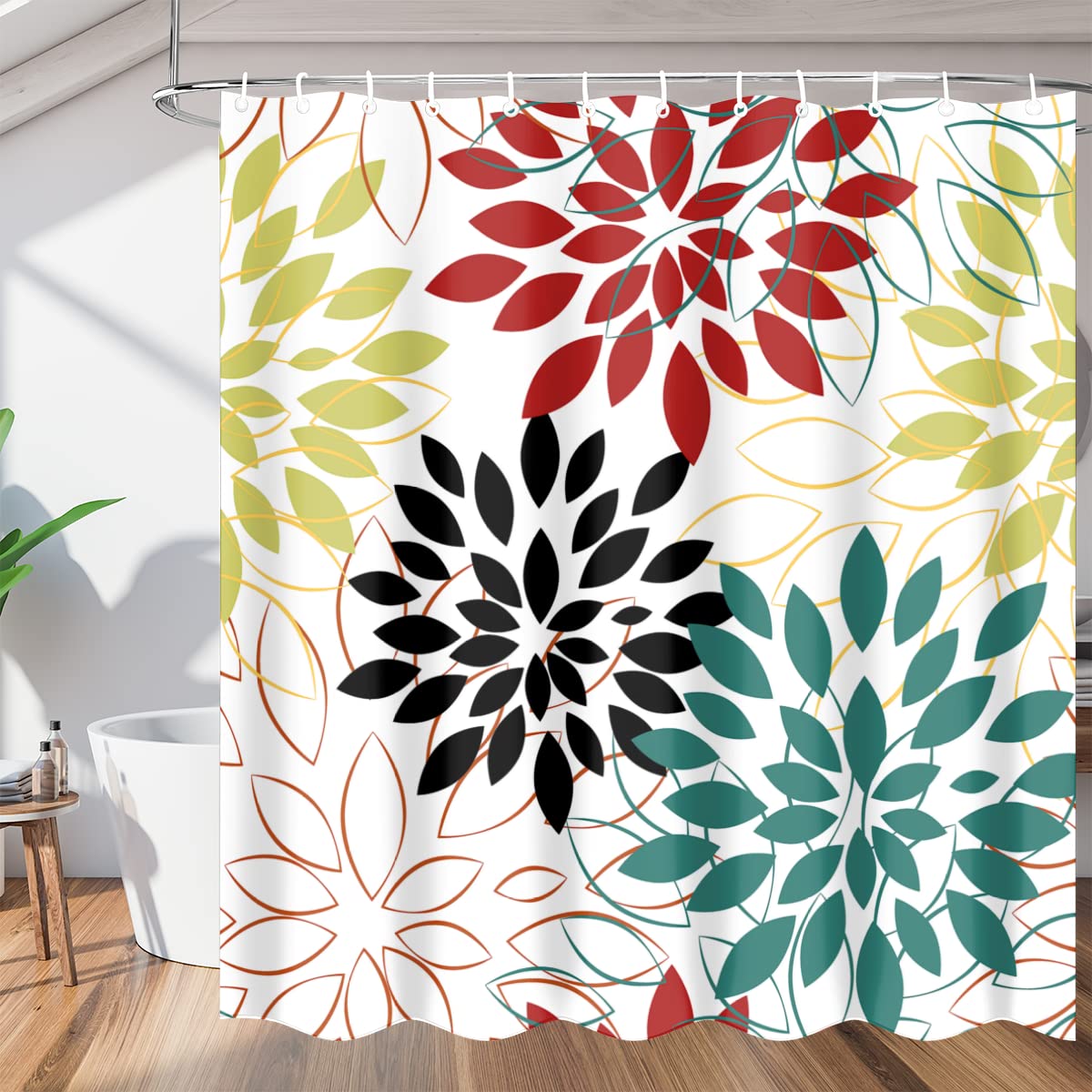Floral Dahlia Pinnata Waterproof Shower Curtain with 12 Hooks - Bathroom Decor for Home & Hotel Use | Elegant Fabric Bath Curtain for Spa-Like Experience