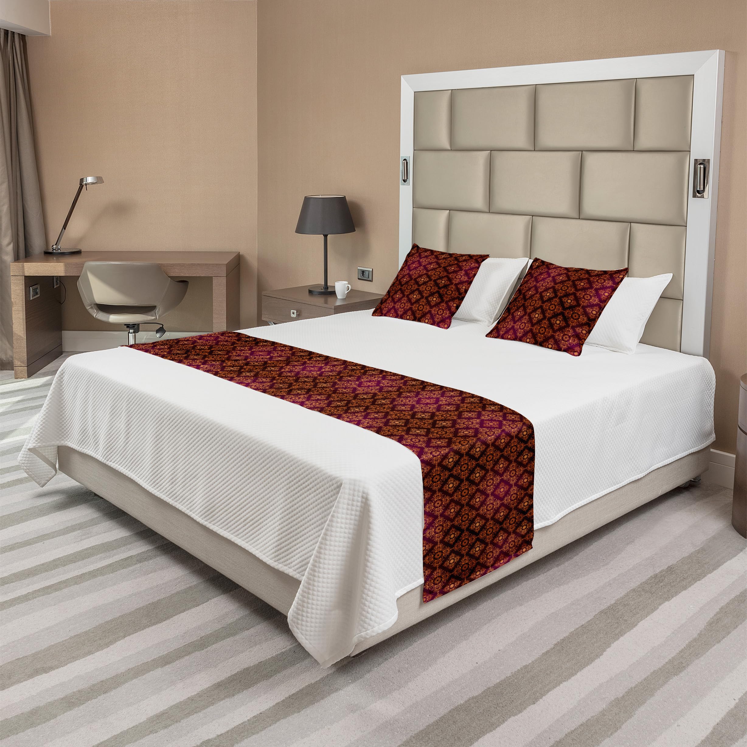Ambesonne Damask Bed Runner Set with Abstract Floral Medieval Victorian Design - Decorative Bedding Scarf & 2 Pillow Shams for Hotels & Homes in Orange, Magenta & Black - Perfect for Master Bedrooms, Guest Rooms & Luxury Hotel Decor