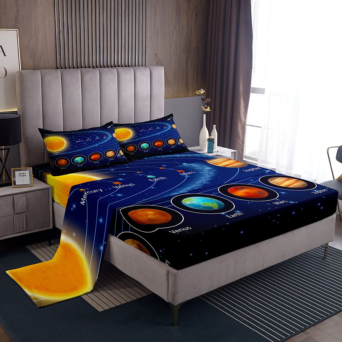 Queen Size Solar System Galaxy Bedding Set - Outer Space Fleece Fitted Sheet & Flat Sheet with Stars & Planets - Super Soft Astronomy Themed Bed Sheets for Kids & Teens - Perfect for Space Themed Bedrooms & Astronomy Lovers (Blue)