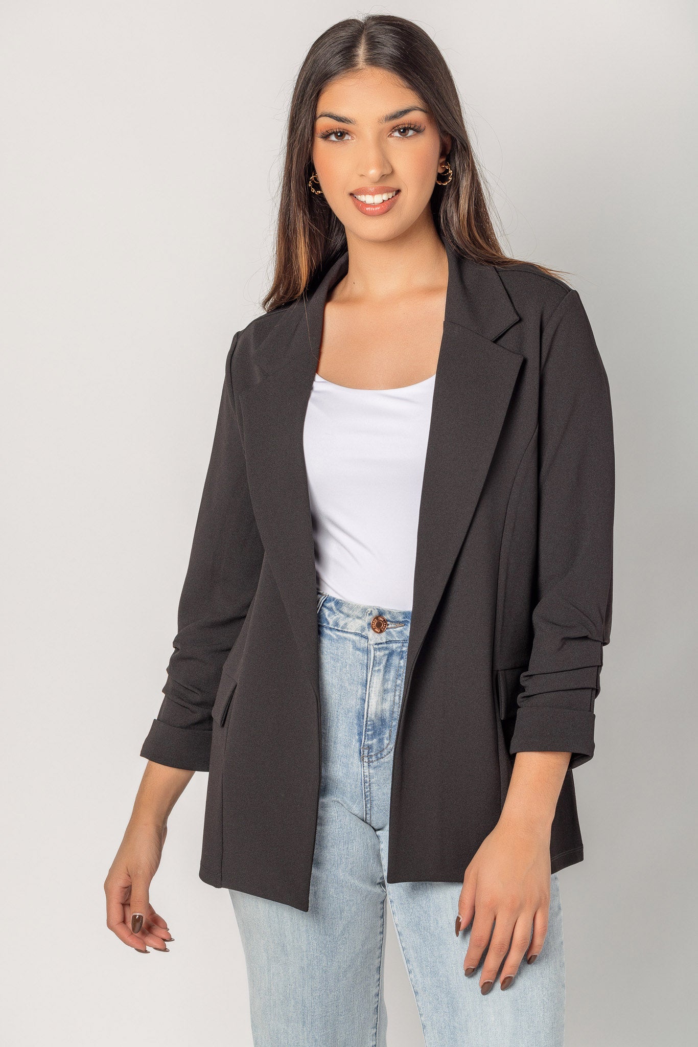 Stretch Crepe Blazer with Ruched Sleeves for Women - Elegant Office Jacket, Business Casual Wear & Spring Outerwear