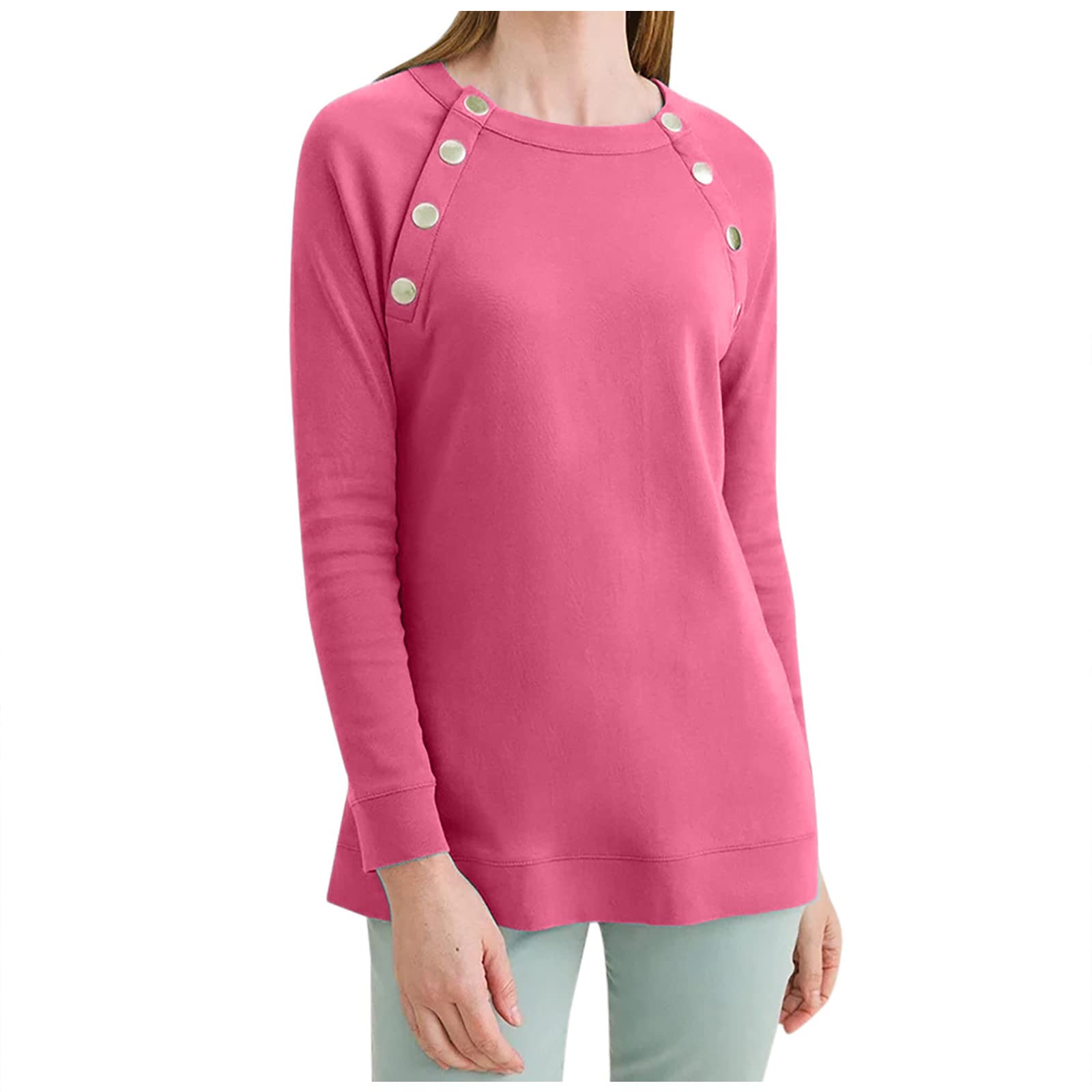 Women's Classic Long Sleeve Tunic Tops - Button Down Round Neck Fall Sweatshirt Blouse | Casual Office Wear & Autumn Layering Essential