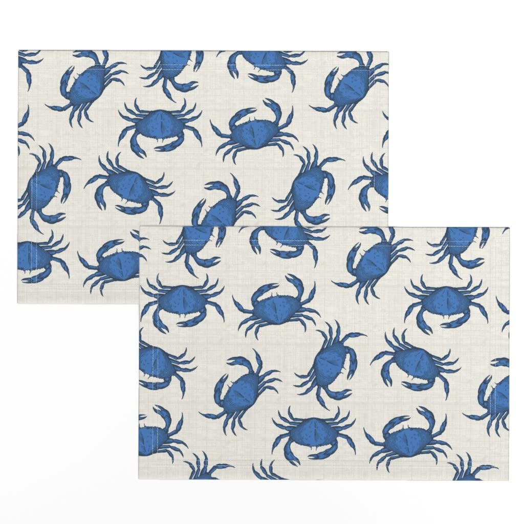 Premium Linen Cotton Canvas Placemats Set of 2 - Blue Crab Ocean Sea Creature Nautical Beach Print Table Mats for Dining, Kitchen Decor, and Coastal Themed Parties