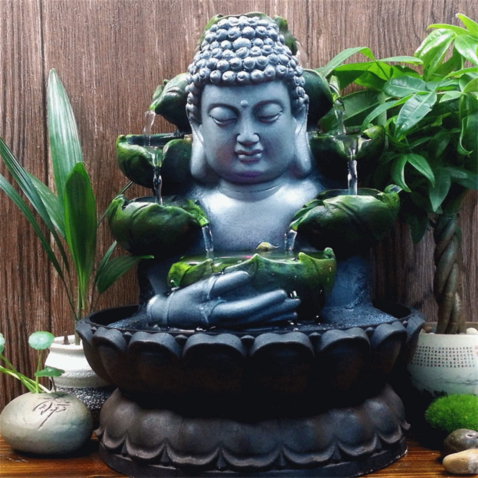 Meditating Buddha Statue with LED Waterfall Fountain - Resin Feng Shui Home Decor for Living Room, Office & Garden - Lucky Flowing Water Sculpture for Zen Meditation & Relaxation