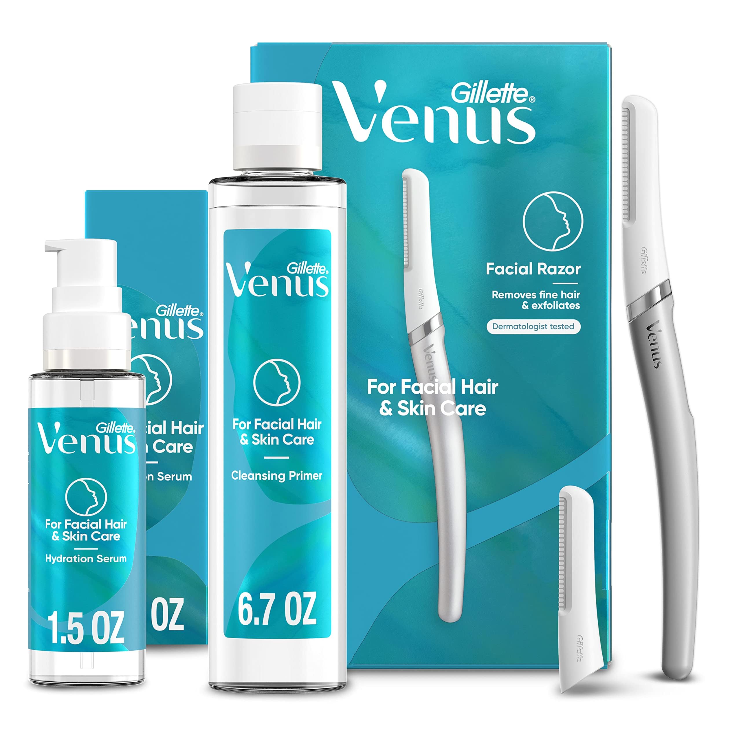 Gillette Venus Facial Razor Dermaplaning Kit for Women - 2 Blades, Pre-Cleanse Oil & Post-Moisturizer Serum | Eyebrow & Face Hair Removal Tool | At-Home Dermaplaning for Smooth Skin & Makeup Prep