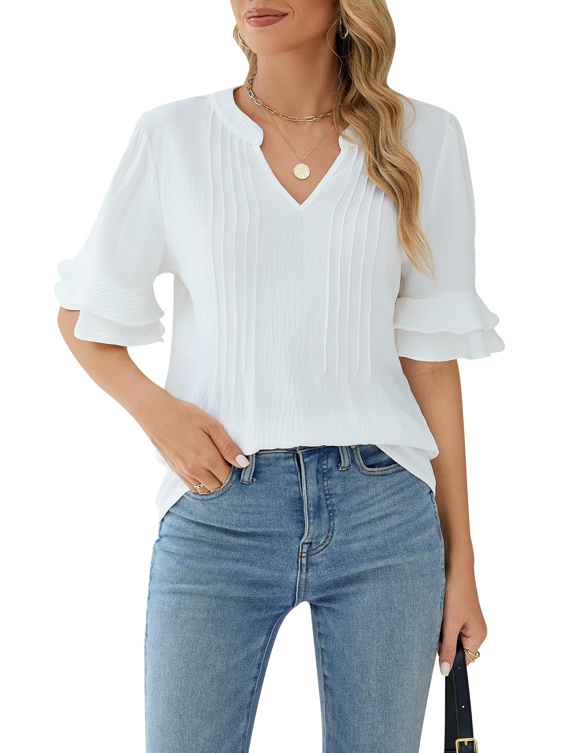 BMJL Women's White Chiffon Blouse with Ruffle Detail - Short Sleeve V-Neck Business Casual Top for Summer | Office Wear, Date Night & Special Occasions