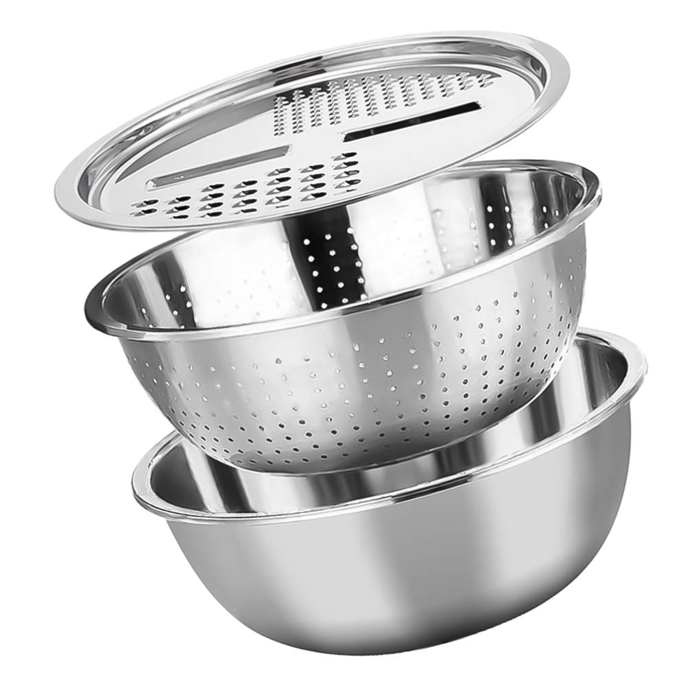 DOITOOL 3-in-1 Stainless Steel Kitchen Grater with Drain Basket - Multi-Function Cheese Grater, Vegetable Chopper & Salad Maker Bowl for Home Cooking (Silver) | Perfect for Grating Cheese, Shredding Vegetables & Making Fresh Salads