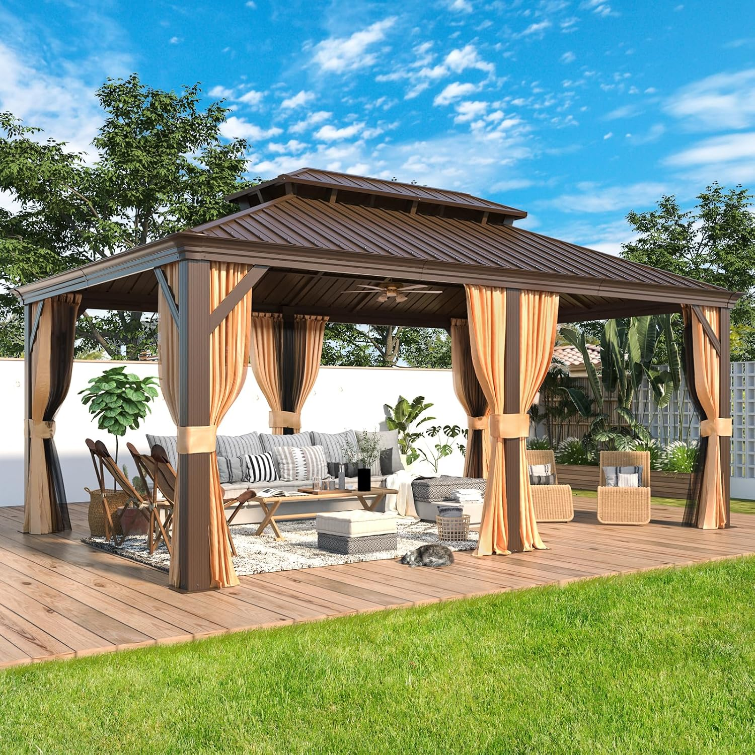 12' x 18' EROMMY Hardtop Gazebo with Double Roof - Galvanized Steel & Aluminum Frame - Permanent Brown Pavilion for Patio, Backyard, and Outdoor Events