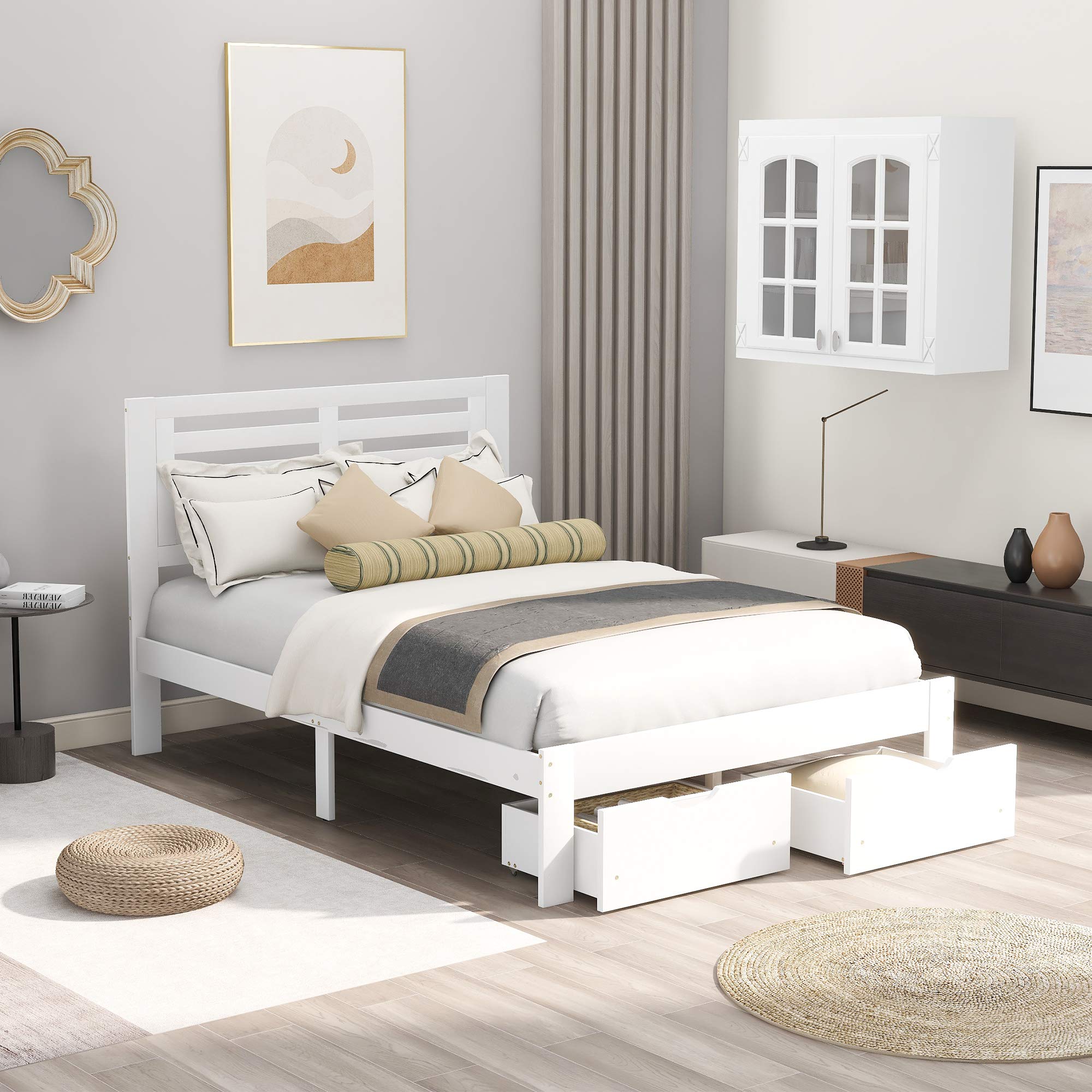 Wooden Full Size Platform Bed Frame with Storage Drawer & Headboard - Sturdy Support Legs, No Box Spring Needed - Perfect for Kids & Teens Bedroom (White) - Ideal for Small Spaces, Dorm Rooms & Guest Rooms