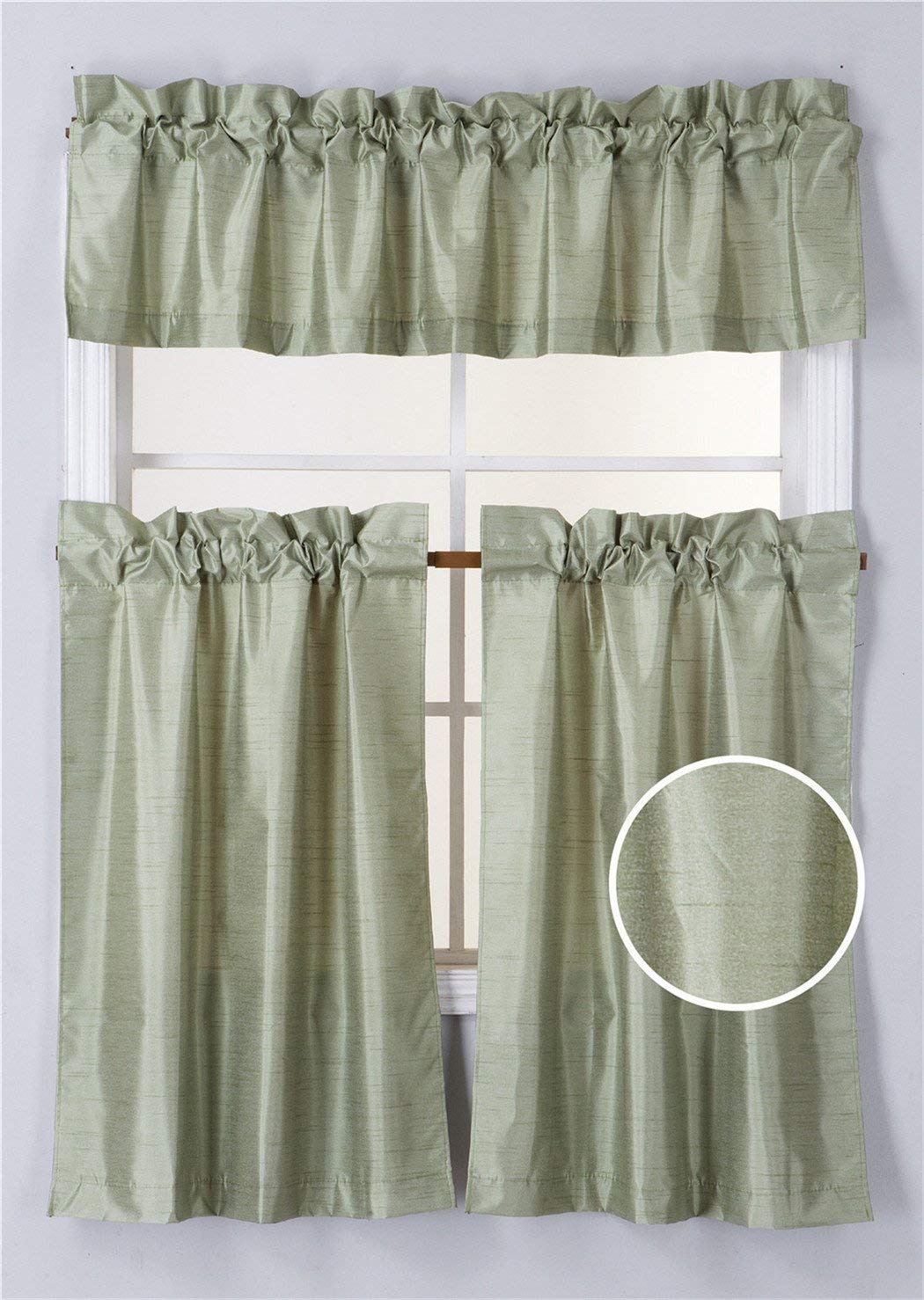 3-Piece Faux Silk Blackout Kitchen Curtain Set - Sage Green Thermal Insulated Window Drapes with Valance for Living Room, Bedroom & Dining Room