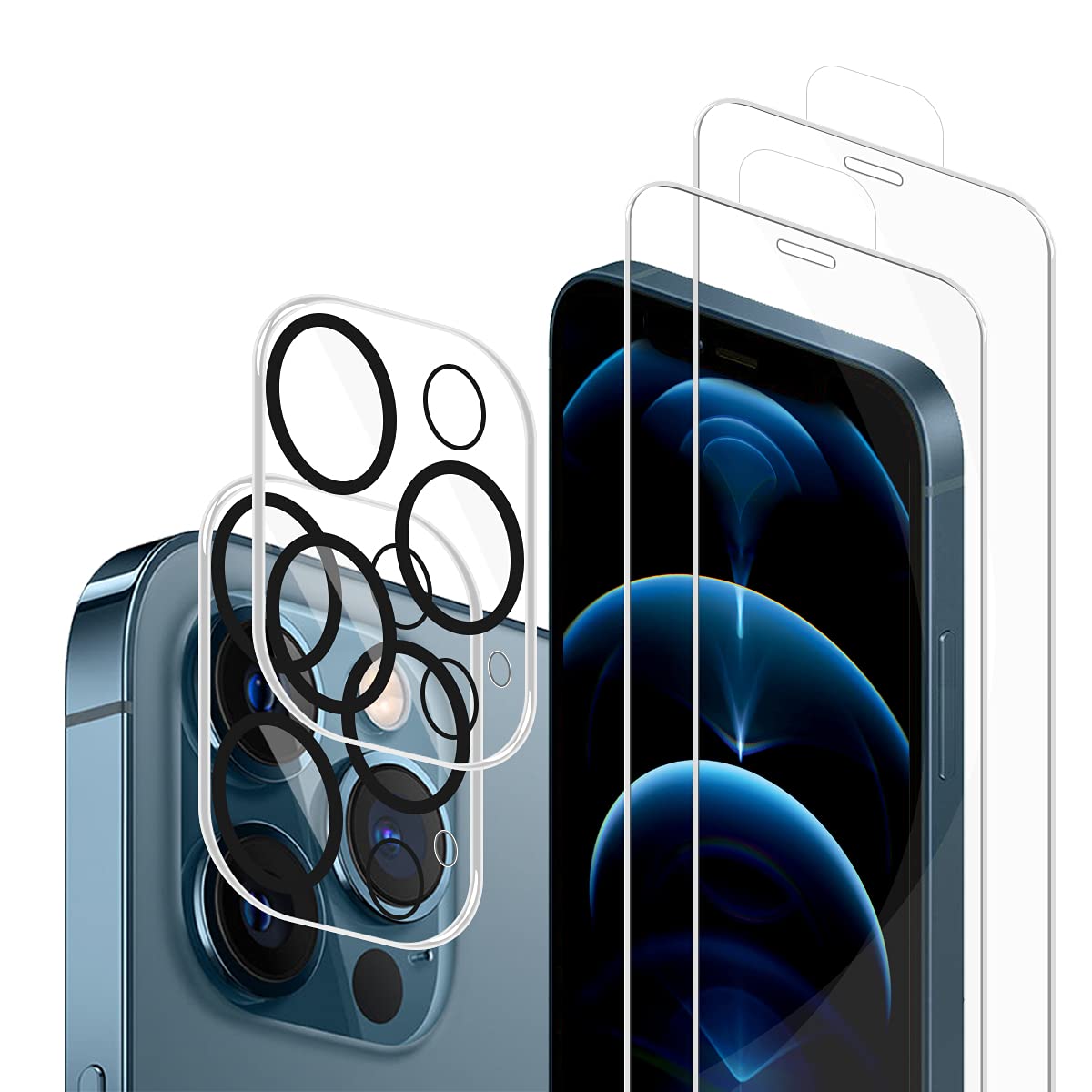 Premium Tempered Glass Screen Protector + Camera Lens Protectors [2+2 Pack] for iPhone 12 Pro - HD Clear, 3D Curved, Easy Installation - Perfect for Daily Protection, Travel & Outdoor Activities (Transparent)